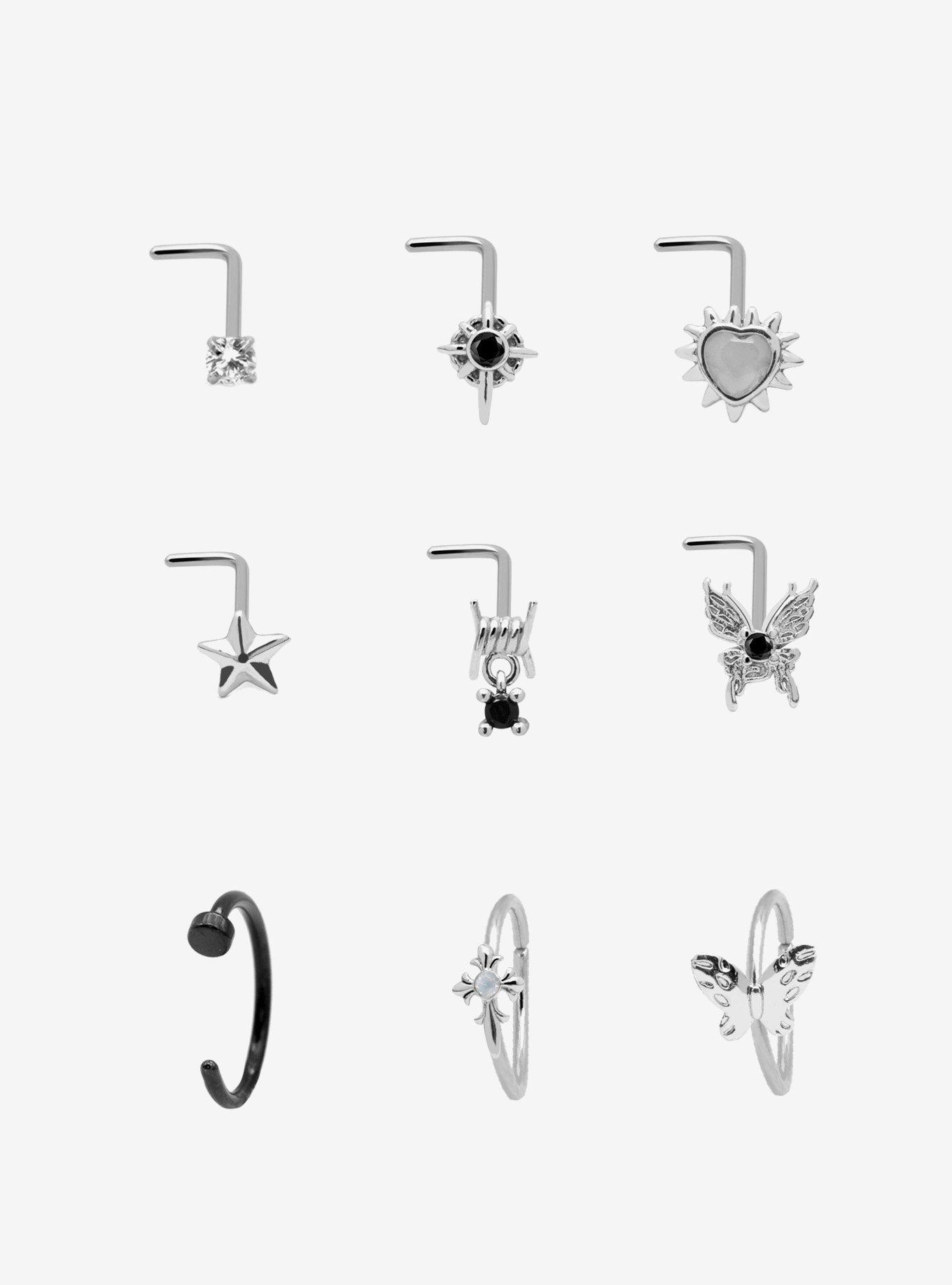 Steel Silver Moonstone Heart & Moth Nose Stud & Hoop 9 Pack, MULTI, hi-res