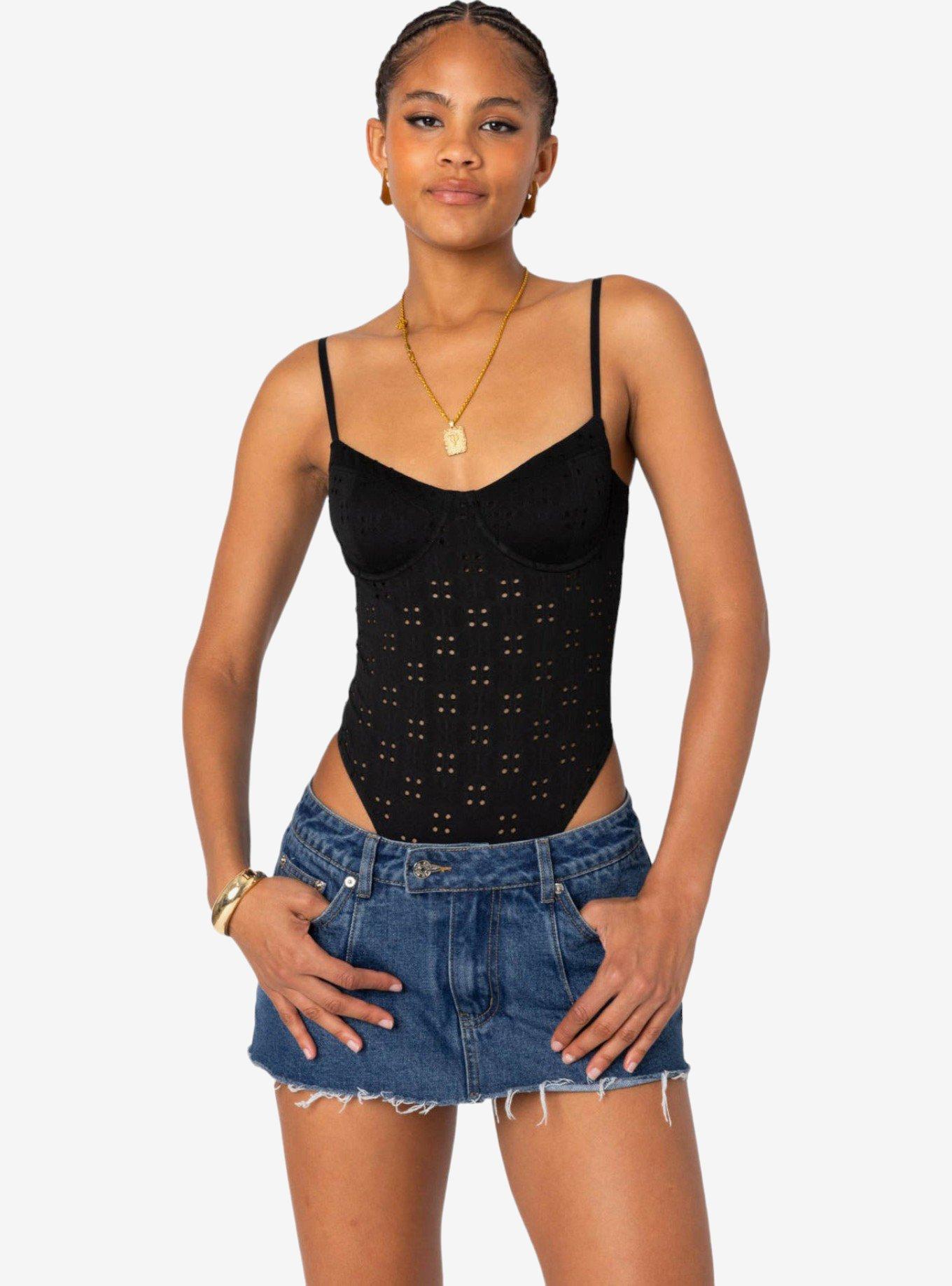 Edikted Raven Cupped Eyelet Bodysuit, BLACK, hi-res