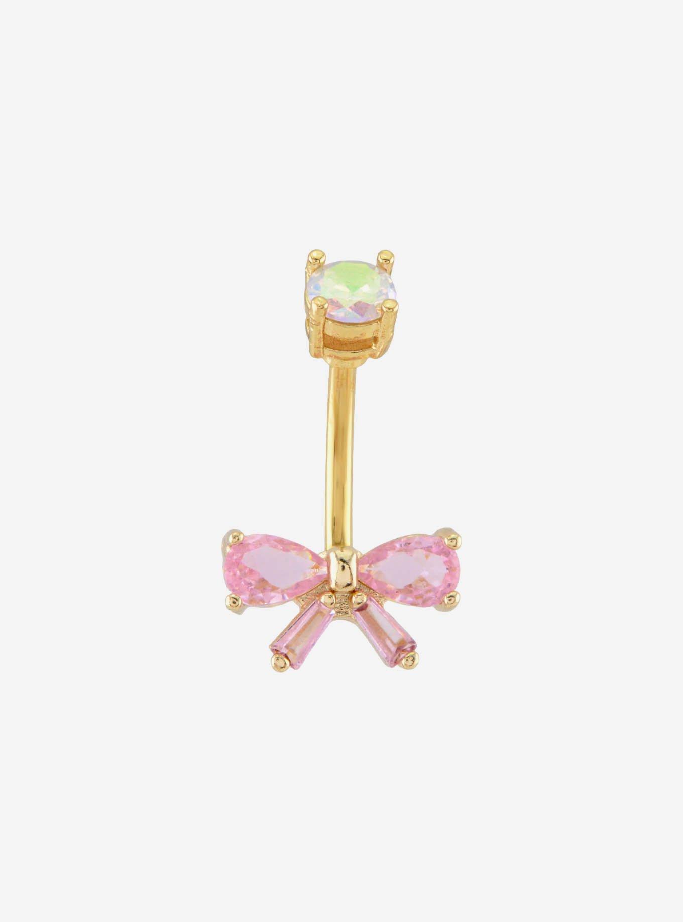 14G Steel Gold Pink Bow Navel Barbell, , hi-res