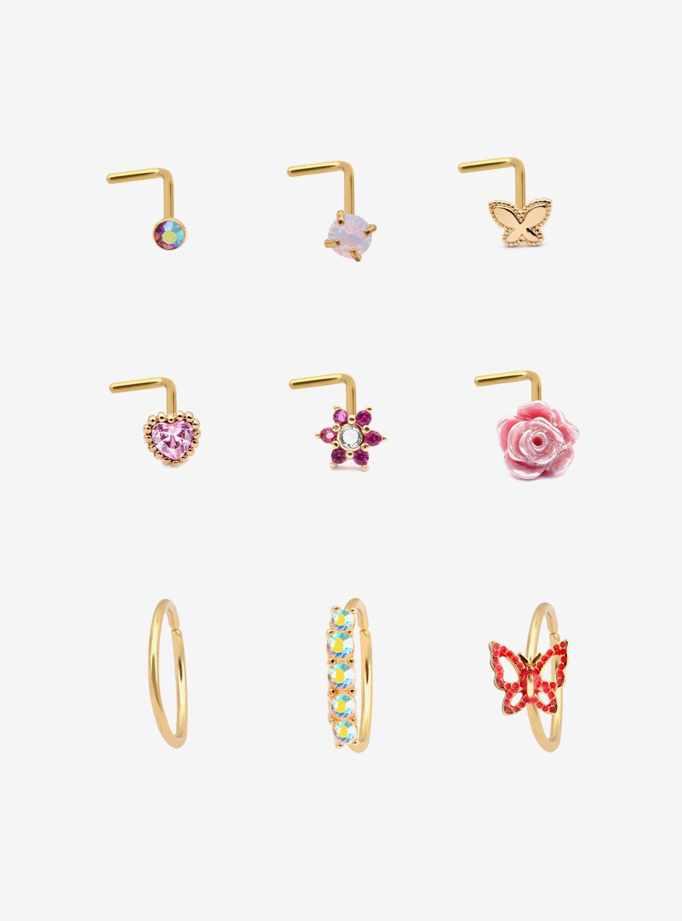 Steel Gold Butterfly & Rose Nose Stud & Hoop 9 Pack, , hi-res