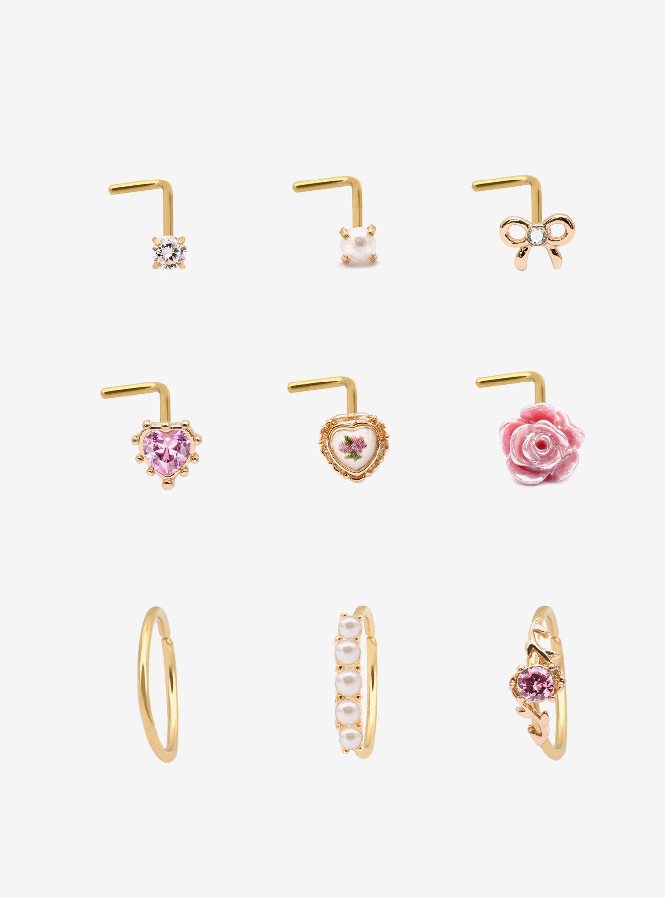Steel Gold Pink Rose Nose Stud & Hoop 9 Pack, , hi-res