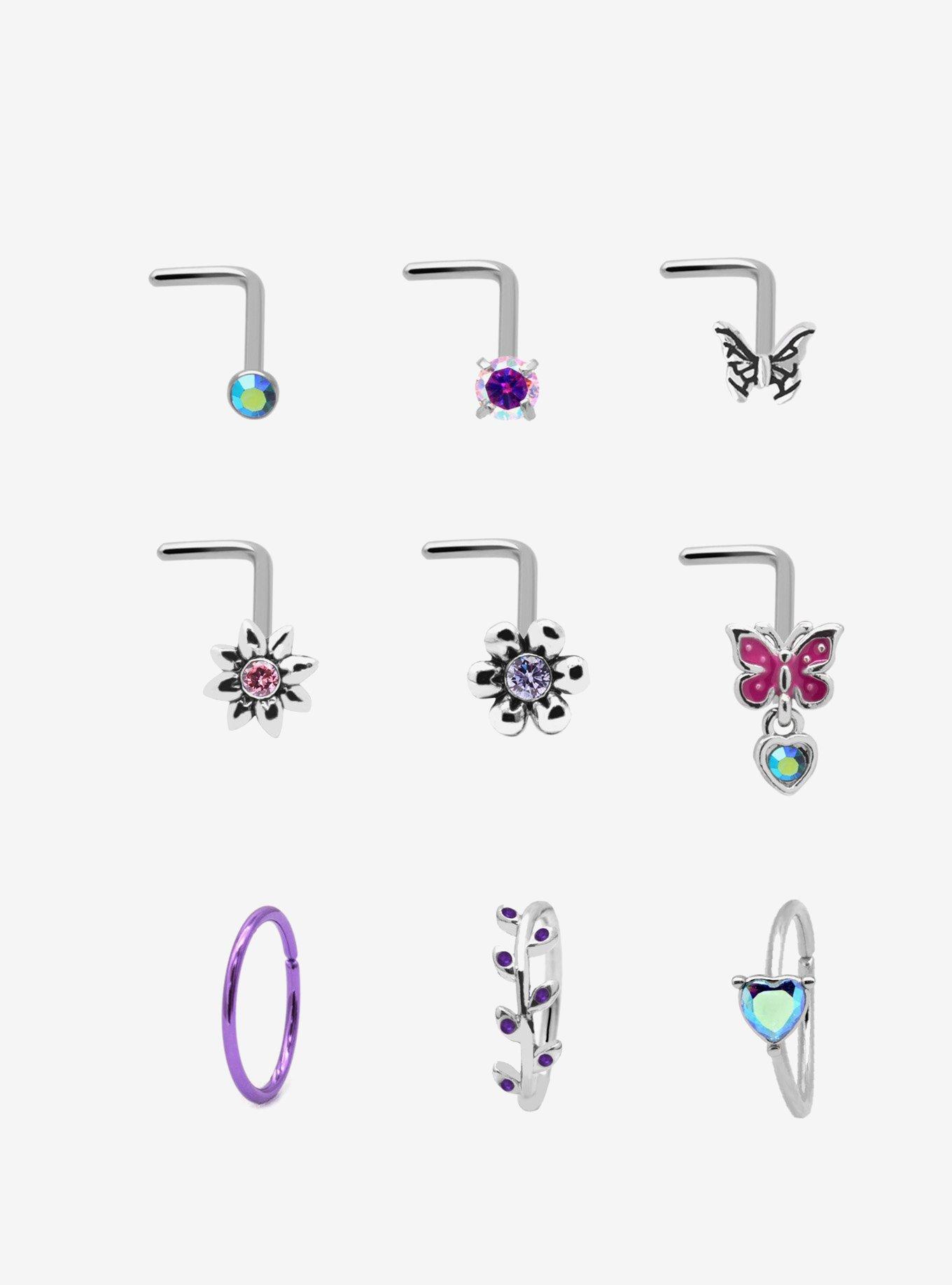 Steel Silver Purple Butterfly Nose Stud & Hoop 9 Pack, , hi-res