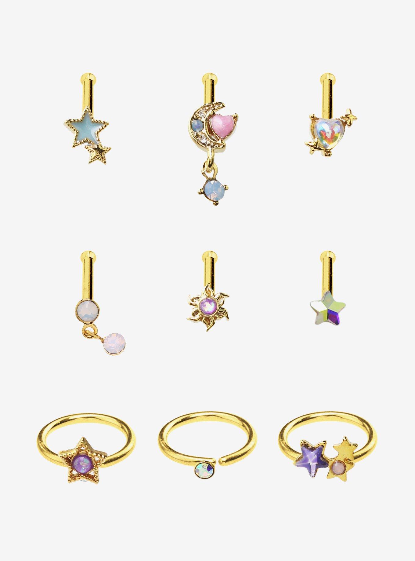 Steel Gold Celestial Opal Nose Stud & Hoop 9 Pack, , hi-res