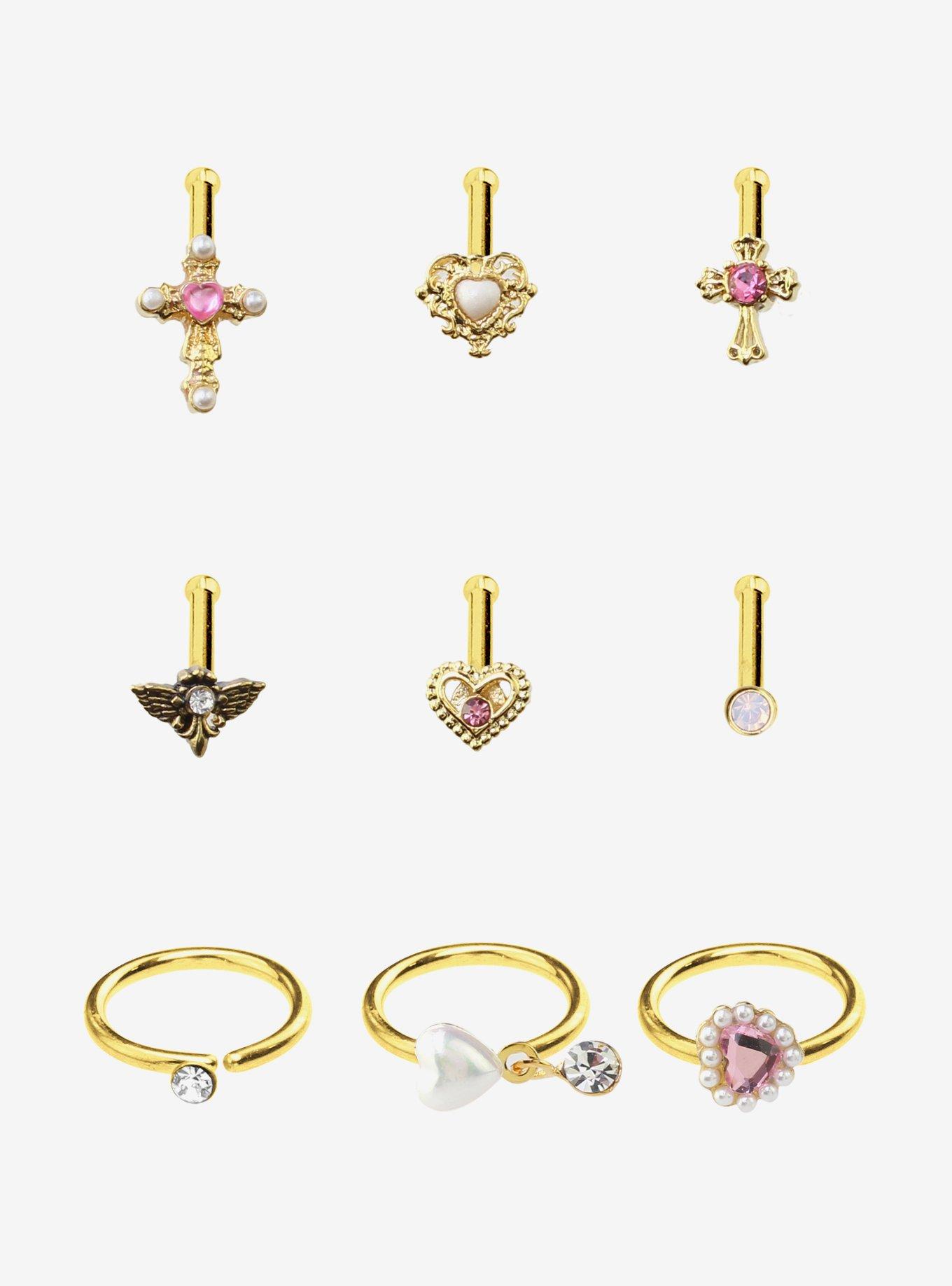 Steel Gold Cross & Heart Nose Stud & Hoop 9 Pack, , hi-res