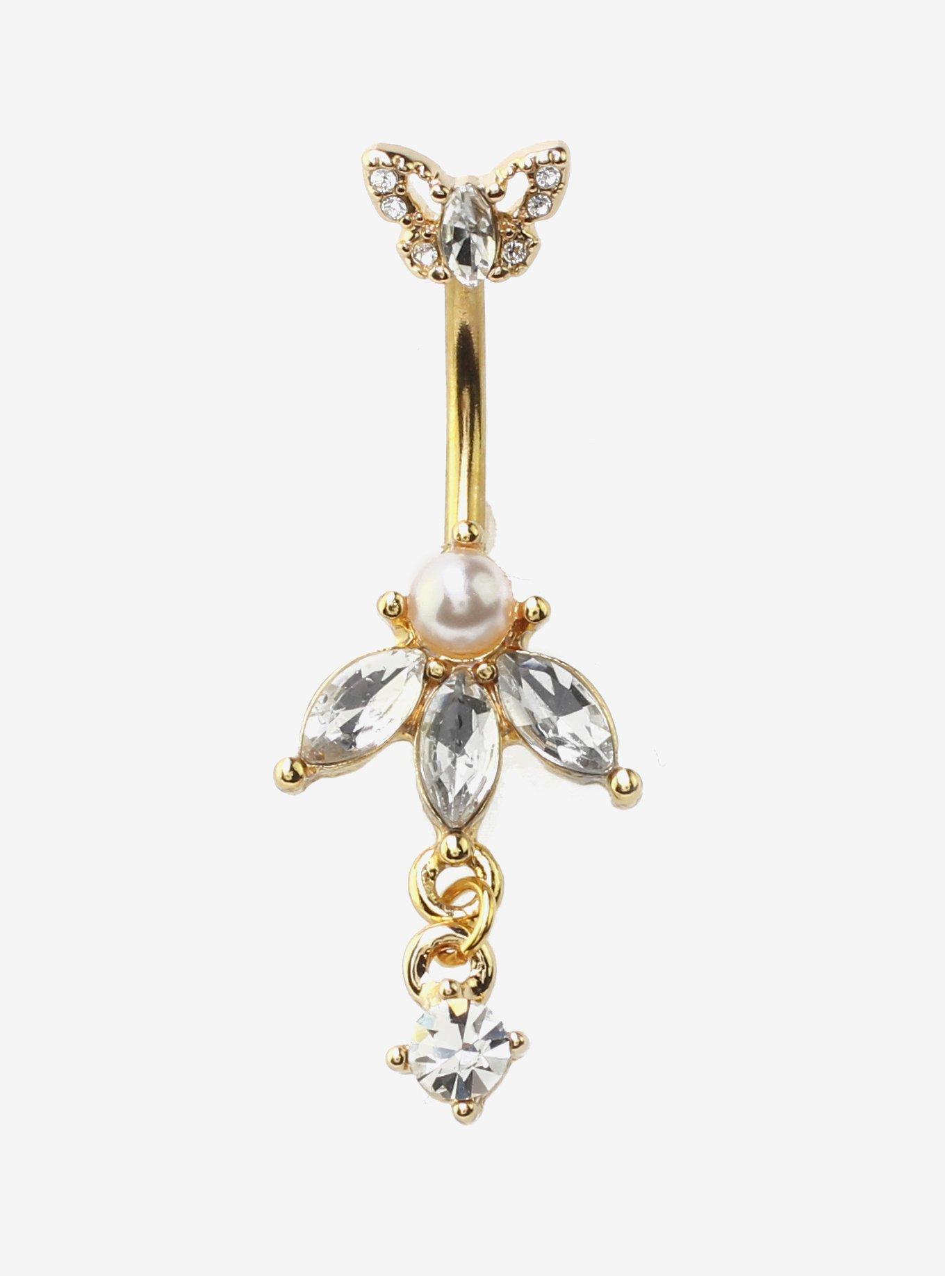 14G Steel Gold Butterfly Pearl Navel Barbell, , hi-res