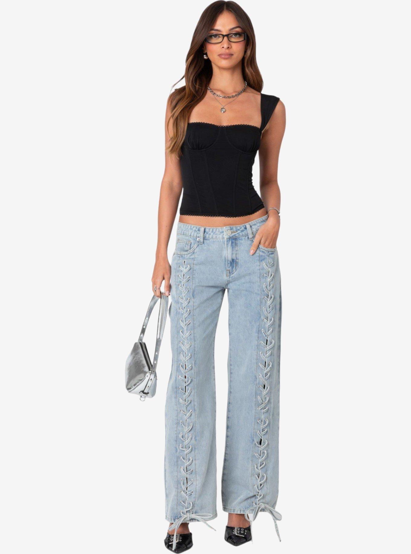 Edikted Laced Up Low Rise Jeans, BLUE, hi-res