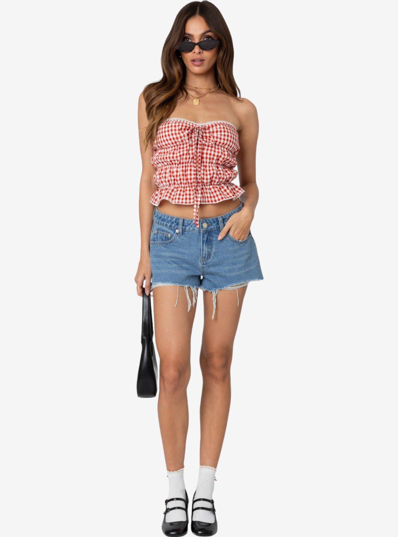 Edikted Fern Mid Rise Denim Shorts, BLUE, hi-res