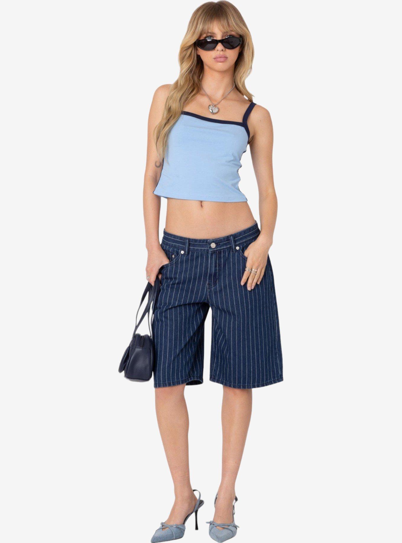 Edikted Pinstripe Denim Bermuda Shorts, BLUE, hi-res