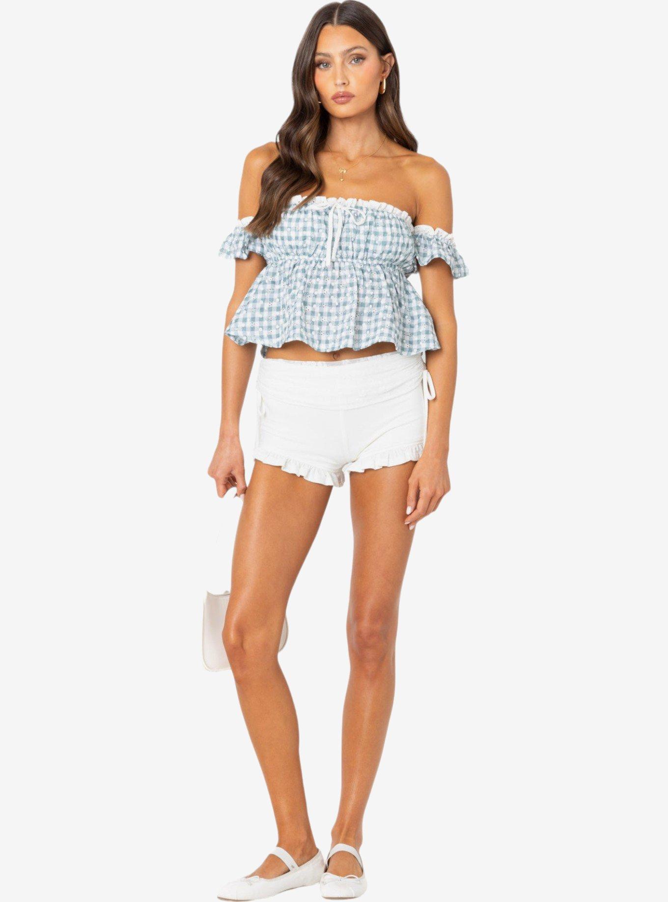 Edikted Lacey Ruffle Trim Fold Over Shorts, IVORY, hi-res