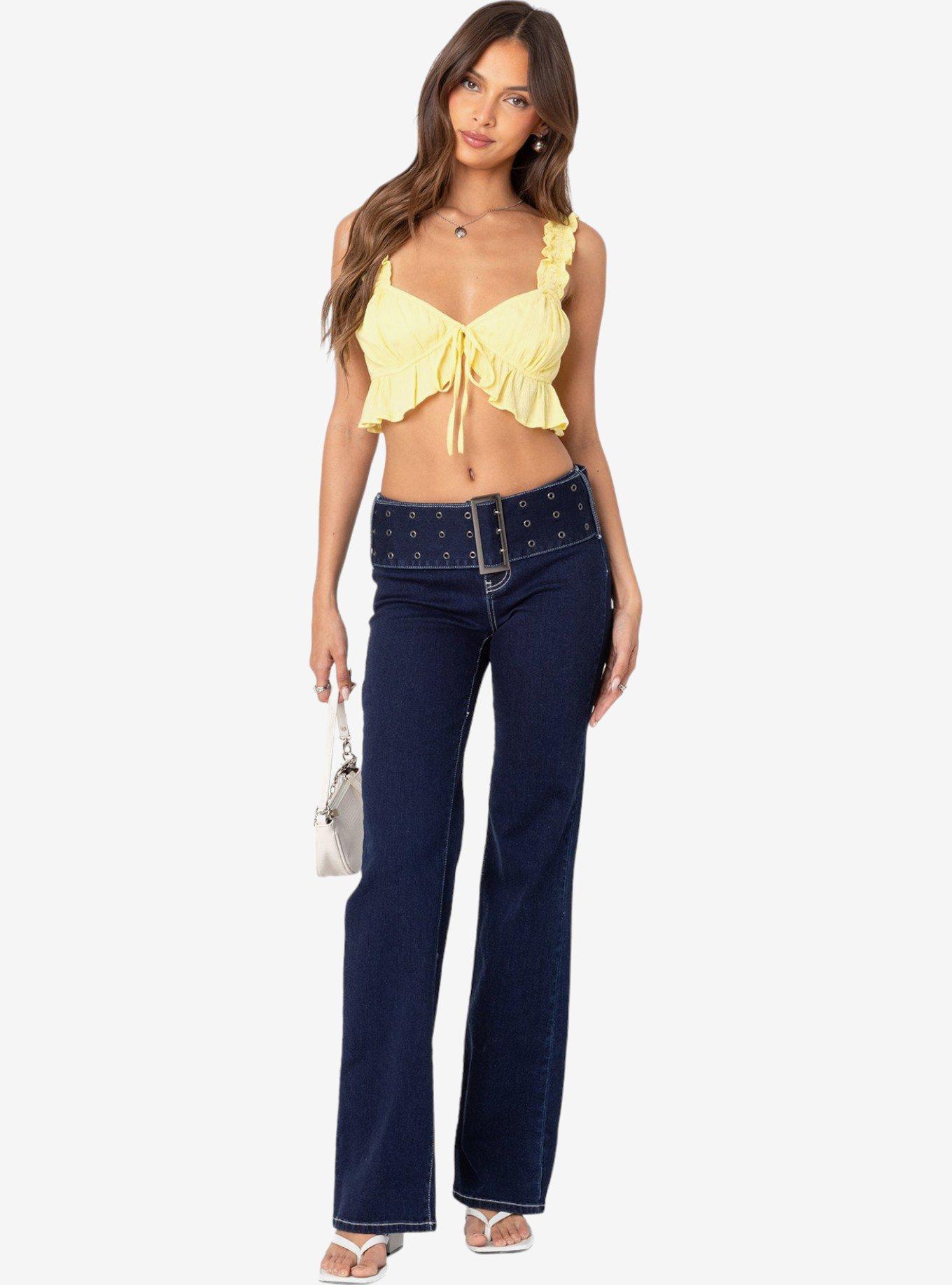 Edikted Buckle Belt Washed Flared Jeans, MULTI, hi-res