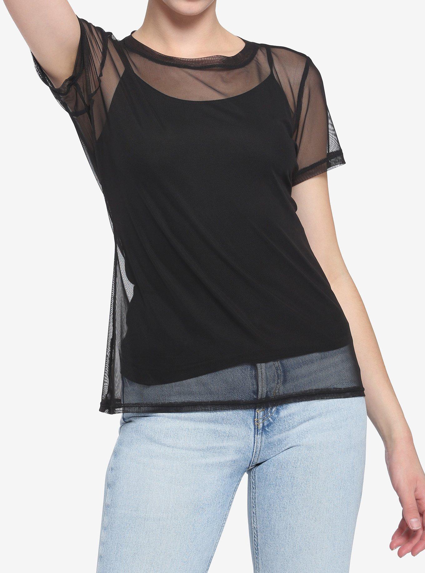 Black Mesh Girls Short-Sleeve Shirt, , hi-res