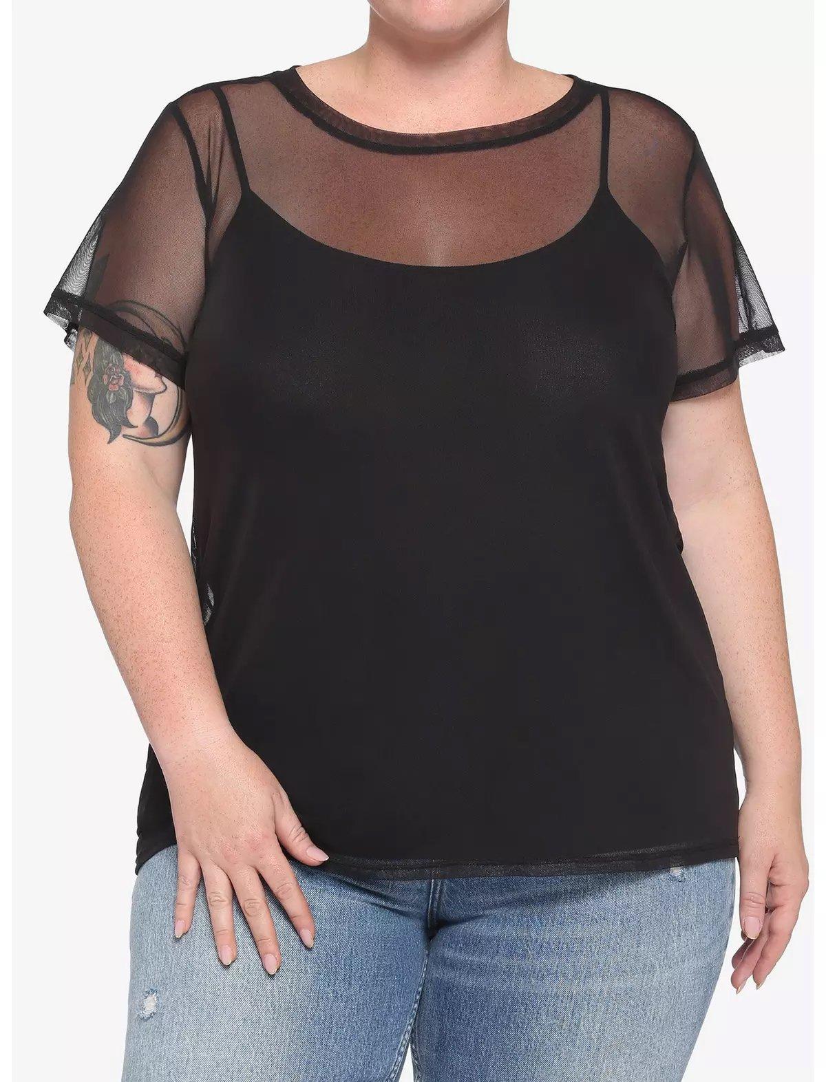 Black Mesh Girls Short-Sleeve Shirt Plus Size, , hi-res