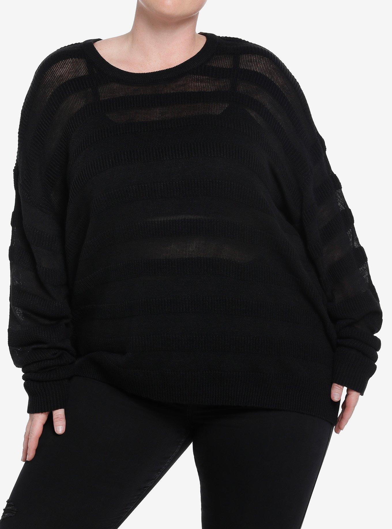 Social Collision Black Mesh Stripe Girls Knit Long-Sleeve Top Plus Size, , hi-res