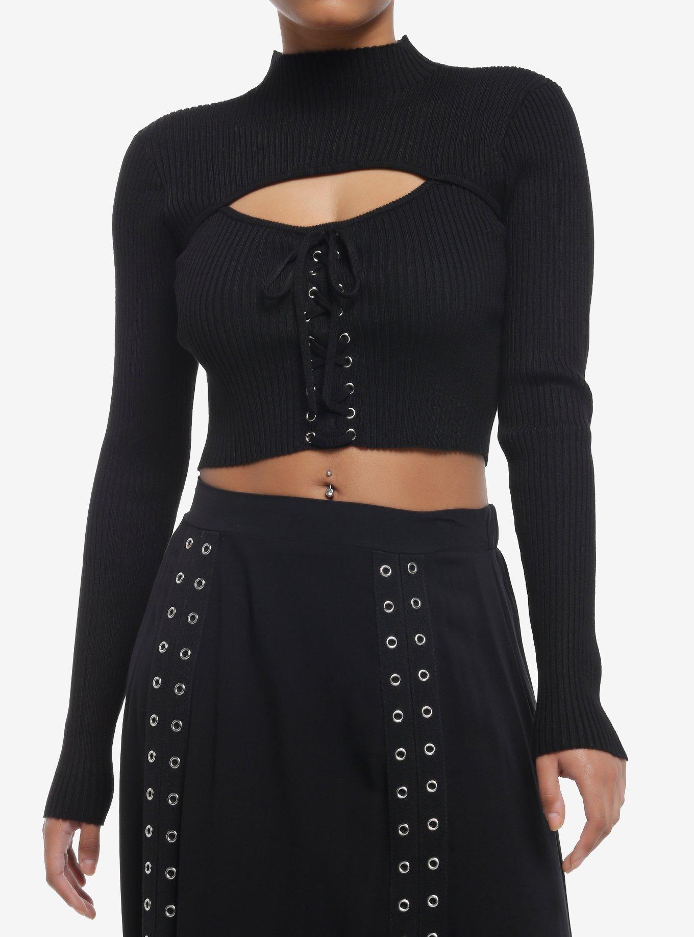 Cosmic Aura Black Lace-Up Mock Neck Girls Crop Long-Sleeve Top, , hi-res