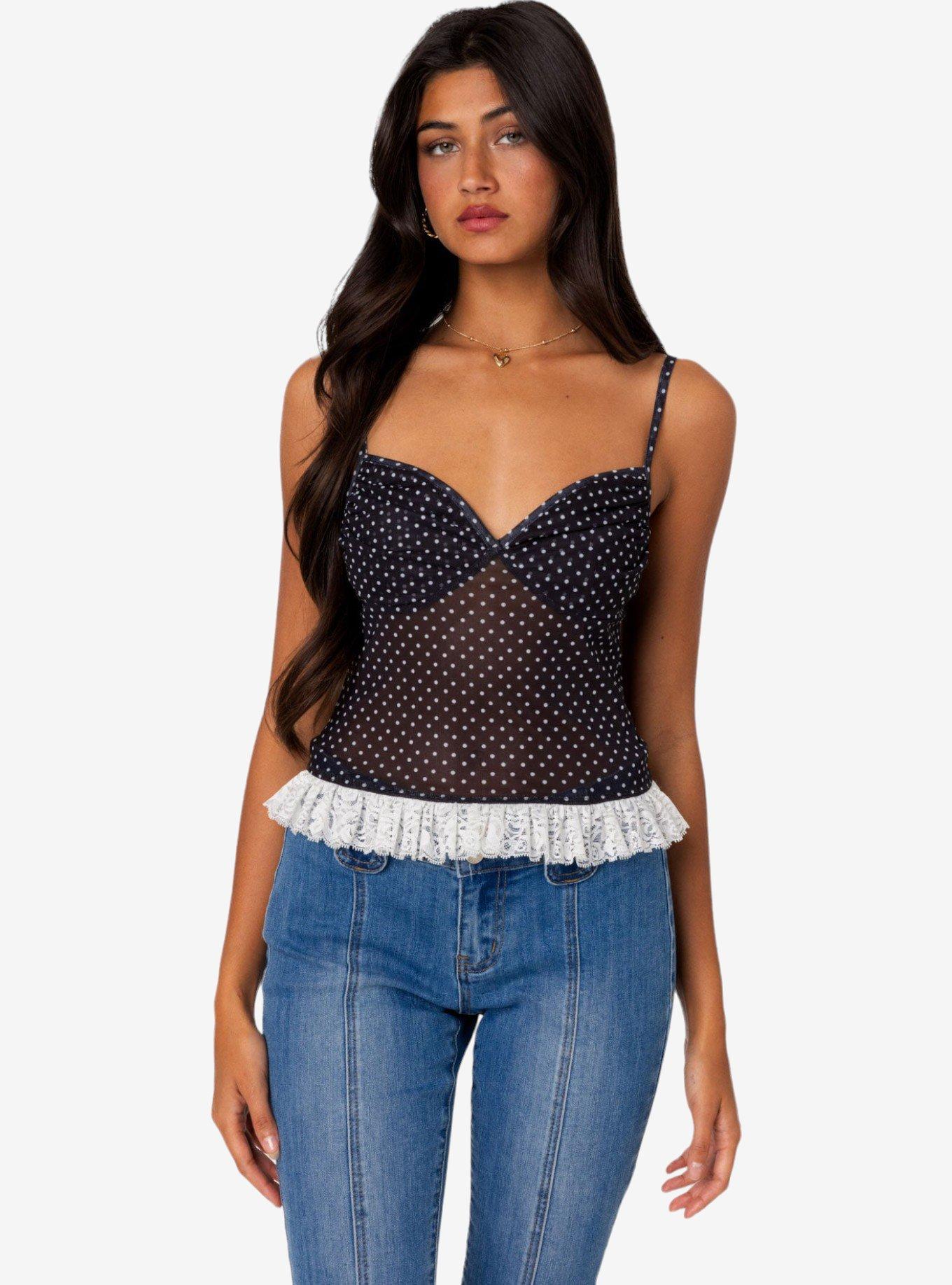 Edikted Polka Dot Cupped Mesh Top, BLACK, hi-res