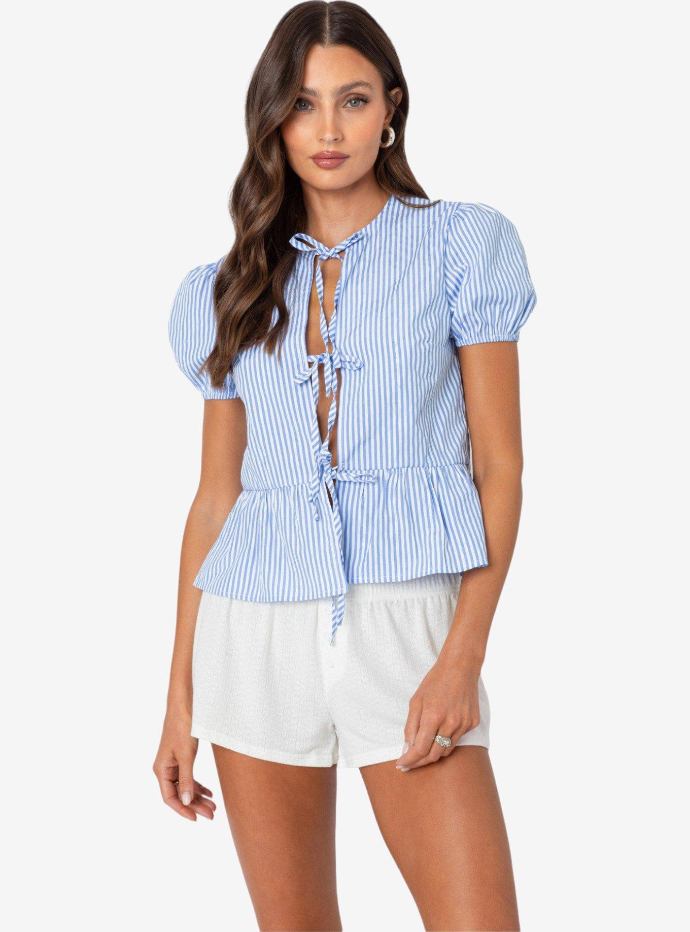 Edikted Puffed Sleeve Tie Front Top, MULTI, hi-res