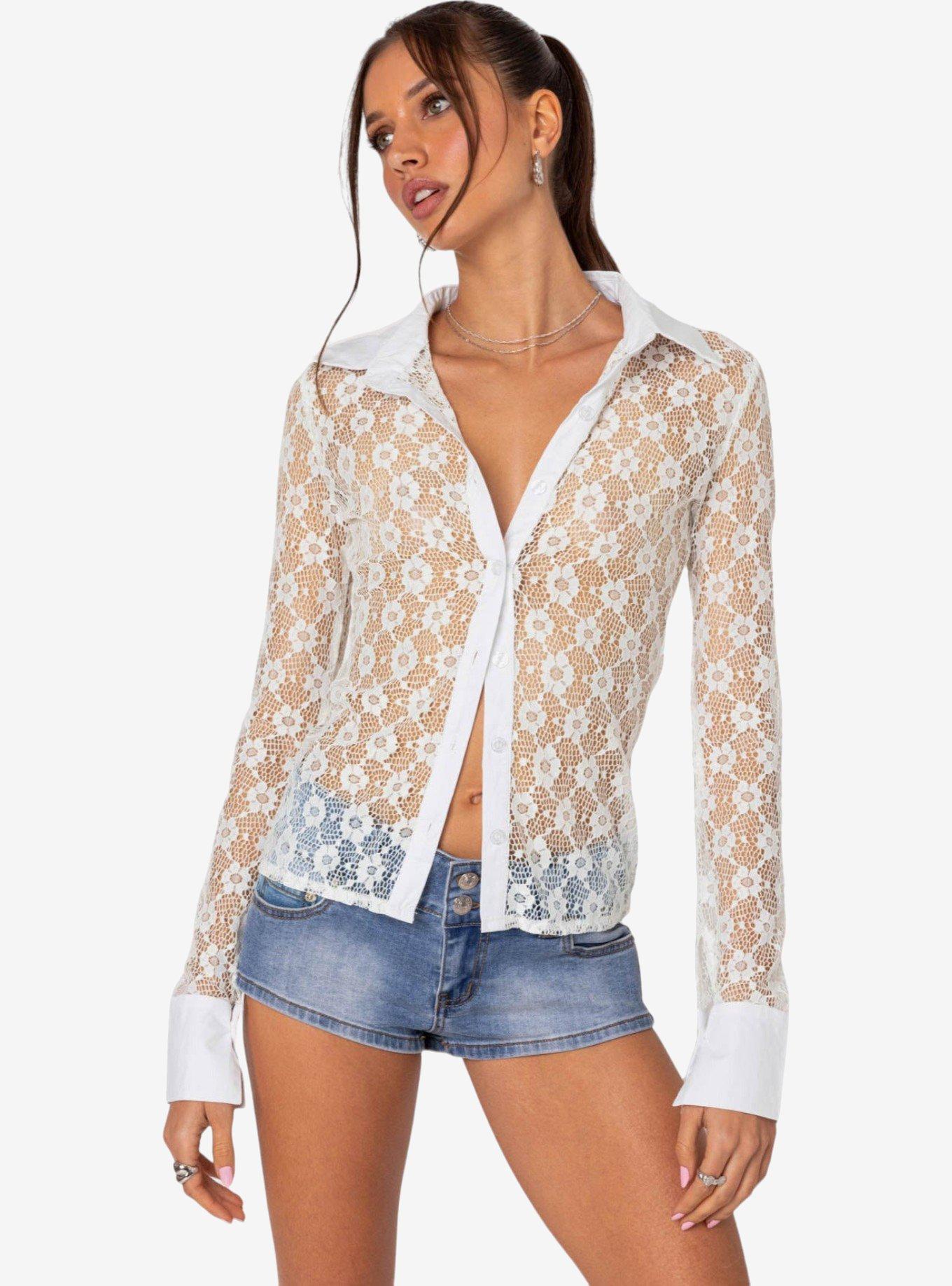 Edikted Cecilia Sheer Lace Button Up Shirt, BRIGHT WHITE, hi-res