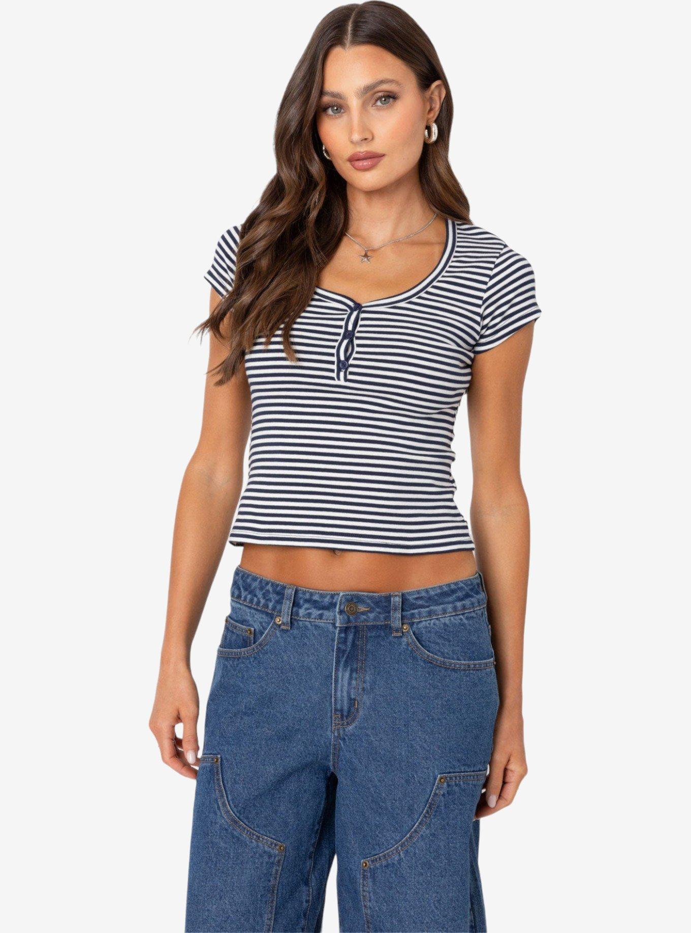 Edikted Kady Striped Henley T Shirt, BLUE, hi-res