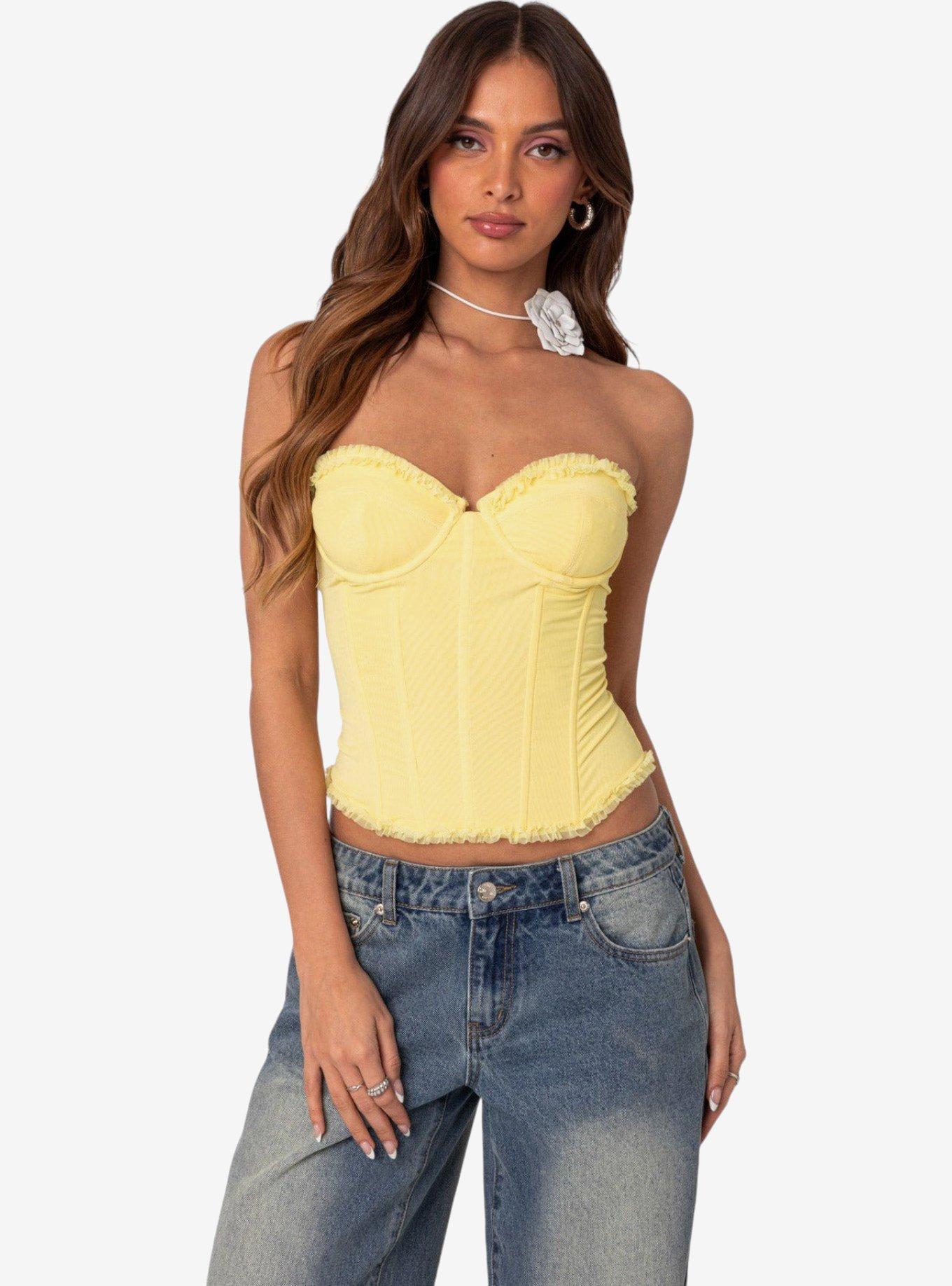 Edikted Deirdre Mesh Lace Up Corset, BRIGHT YELLOW, hi-res