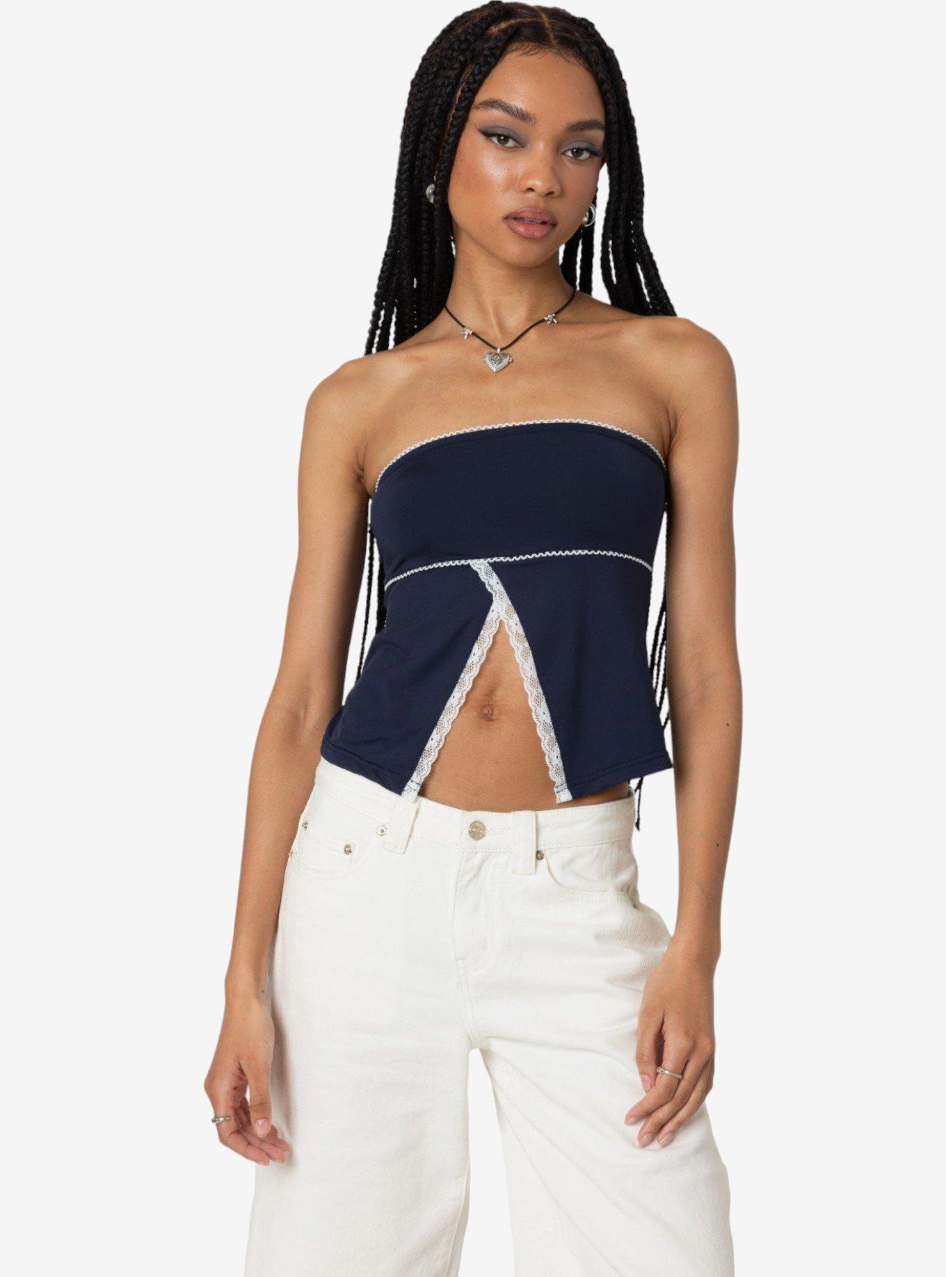 Edikted Lace Trim Split Front Tube Top, BLUE, hi-res