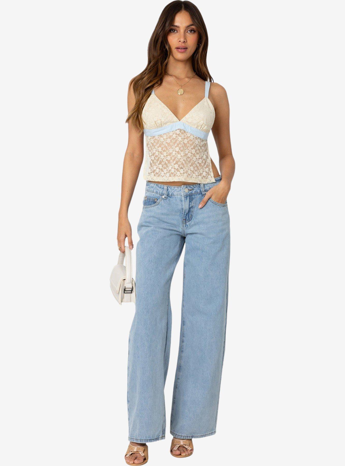 Edikted Sheer Lace Open Back Tank Top, IVORY, hi-res