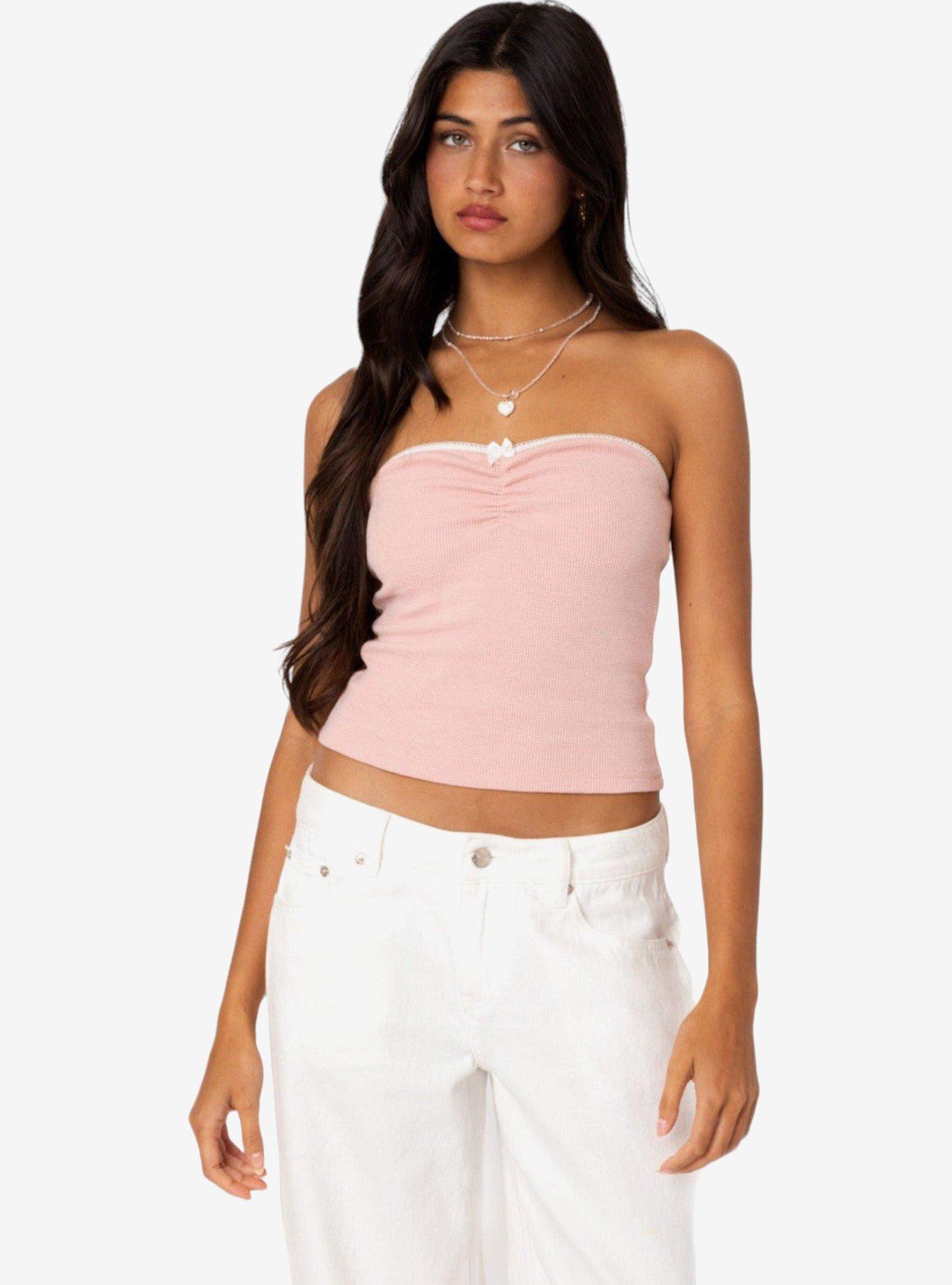 Edikted Kacey Strapless Waffle Top, PINK, hi-res