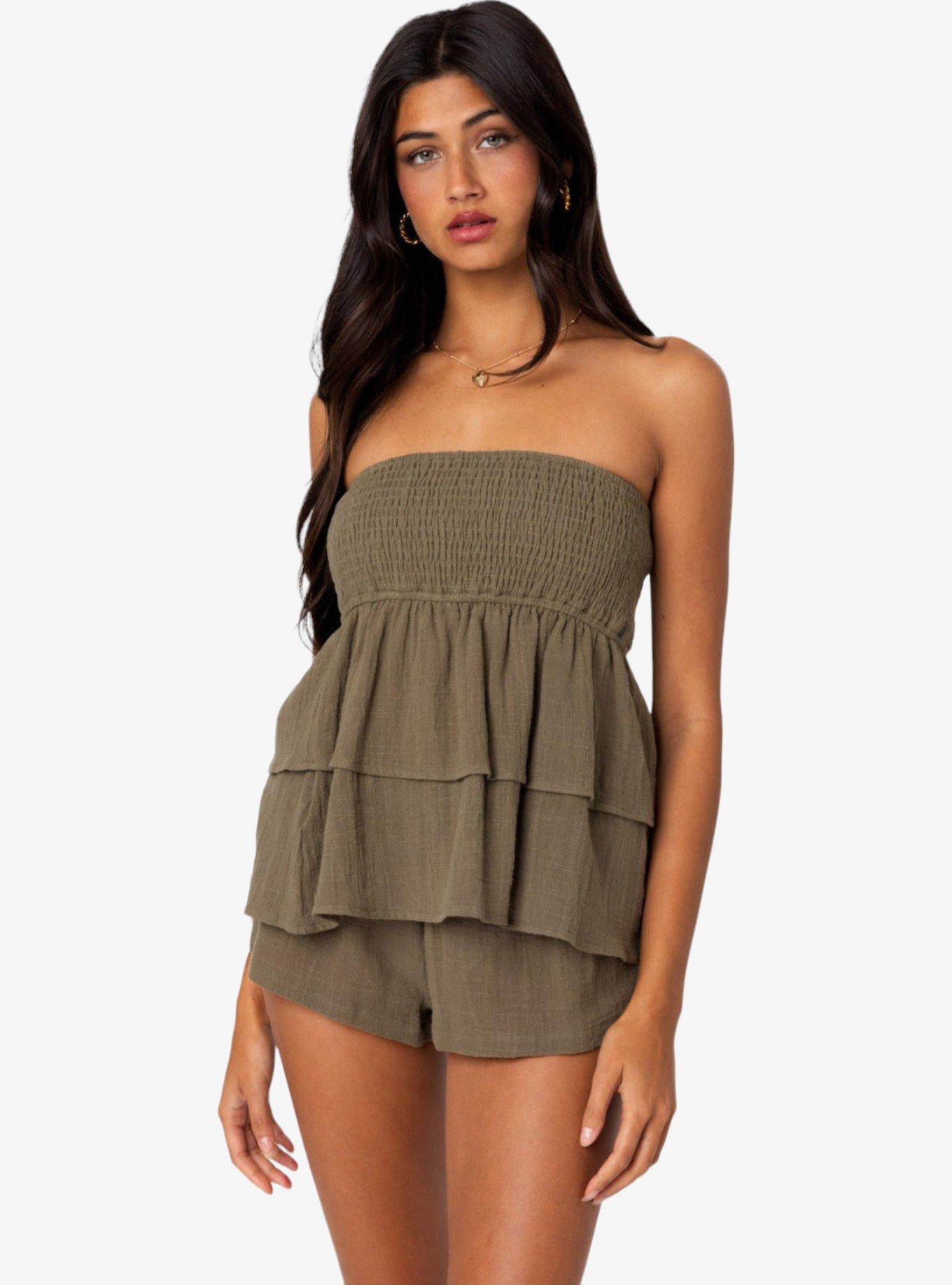 Edikted Harleigh Ruffled Linen Look Tube Top, OLIVE, hi-res