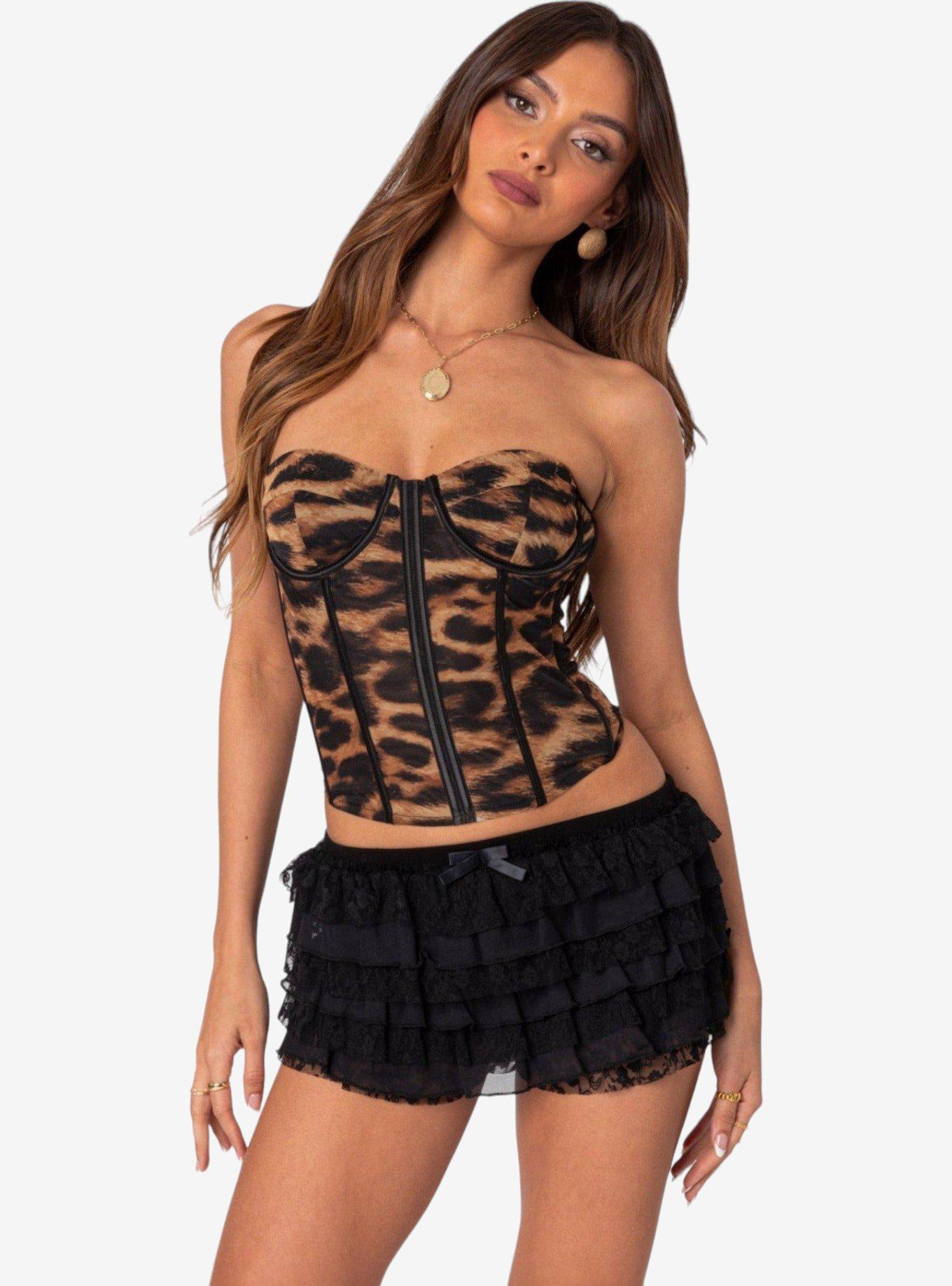Edikted Lennox Leopard Print Mesh Corset, MULTI, hi-res