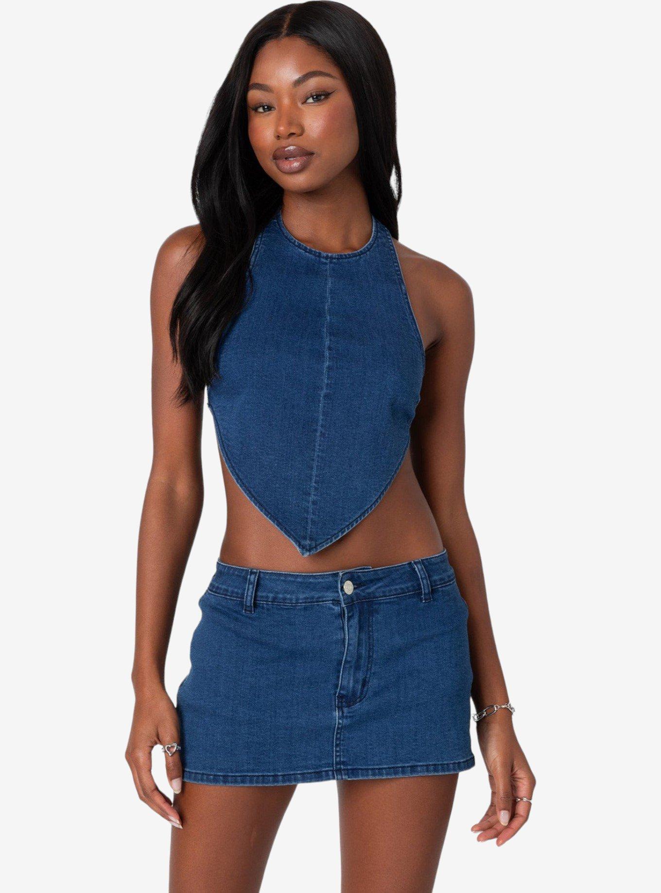 Edikted Sydnie Denim Open Back Top, BLUE, hi-res
