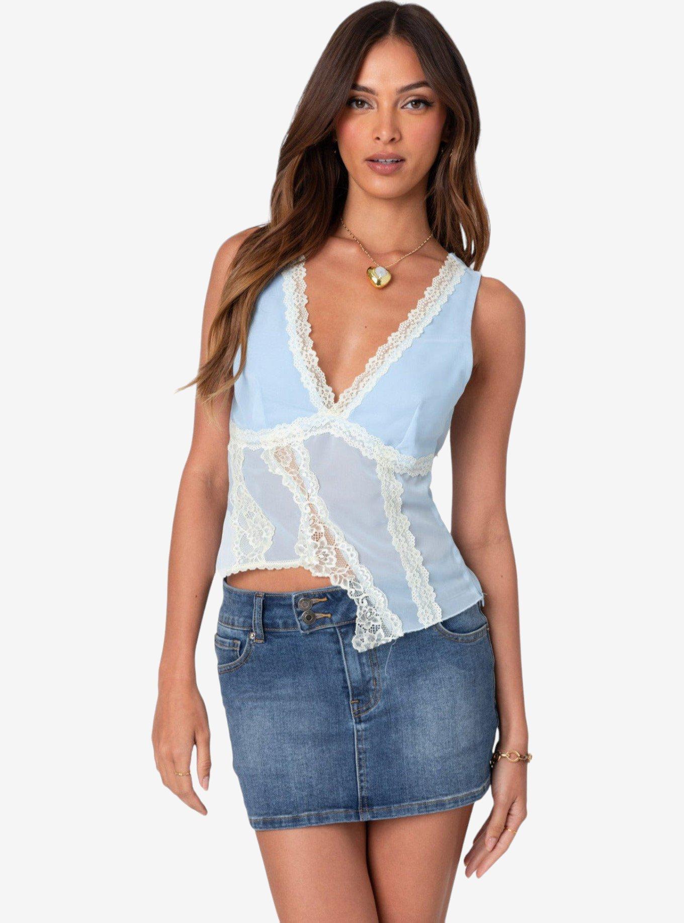 Edikted Chiffon And Lace Sheer Asymmetric Top, BLUE, hi-res