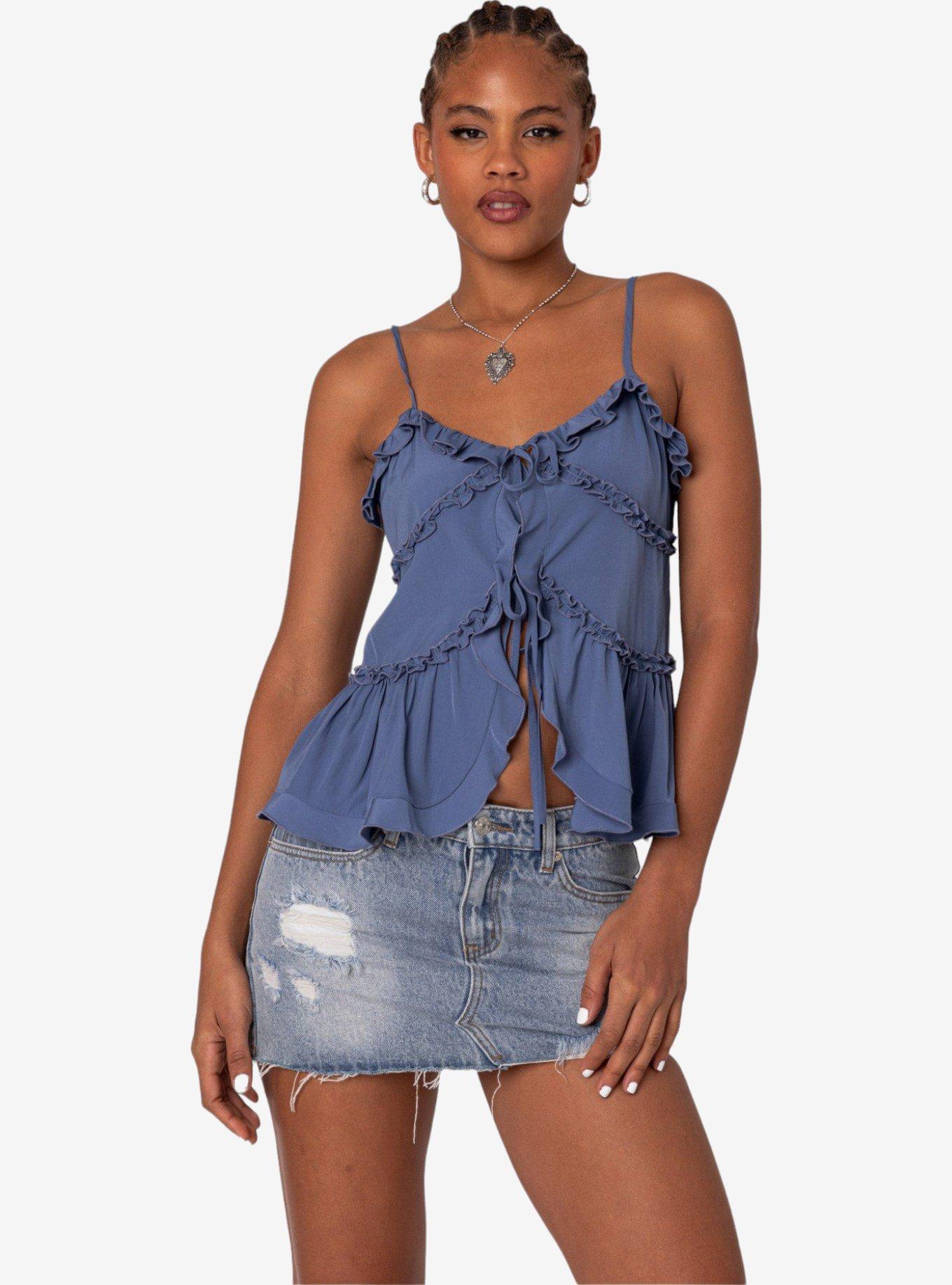 Edikted Juniper Tie Front Ruffled Top, BLUE, hi-res