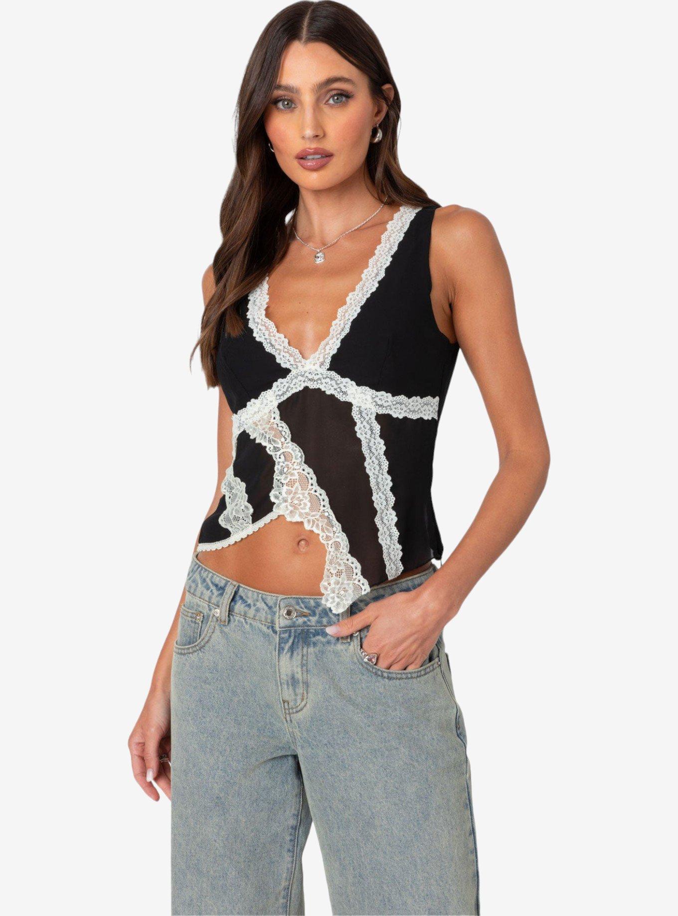 トップス Eaphi SHEER LACE ASYMMETRY CUT TOPS Sheer Loose Knit Asymmetric Top – edikted