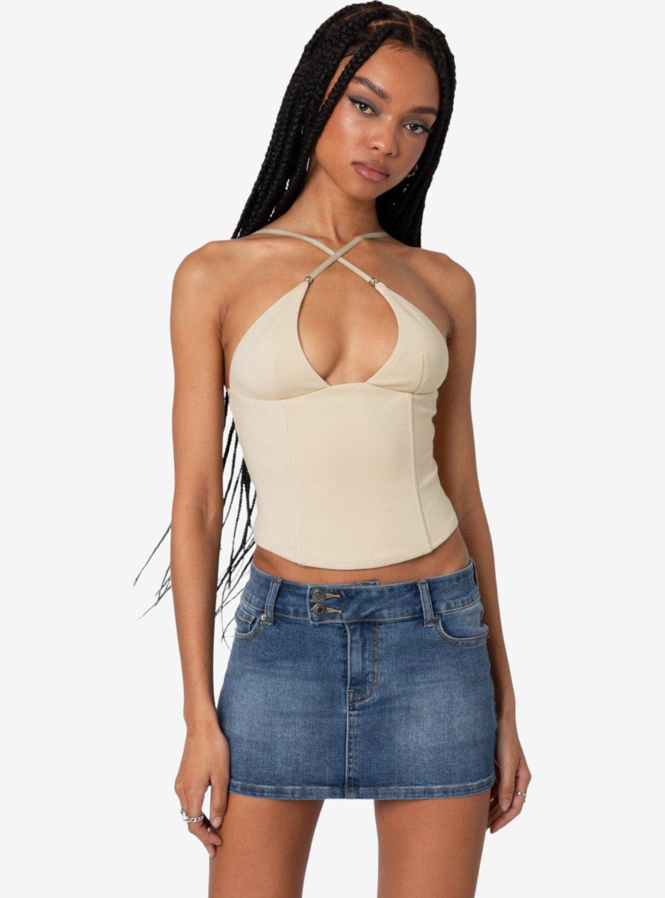 Edikted Lou Crossover Beaded Corset, BEIGE, hi-res