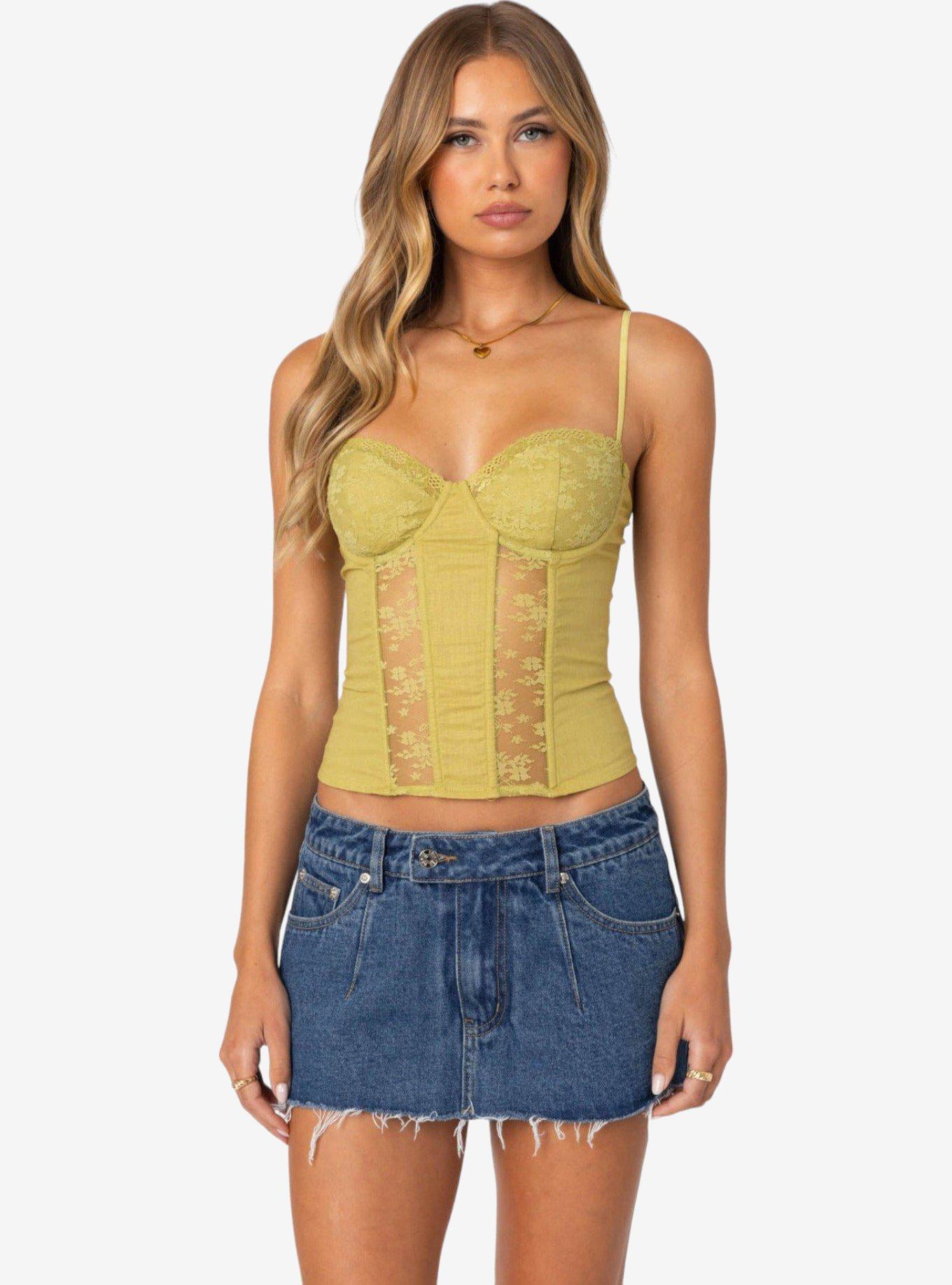 Edikted Avena Linen Look Lacey Corset, GREEN, hi-res