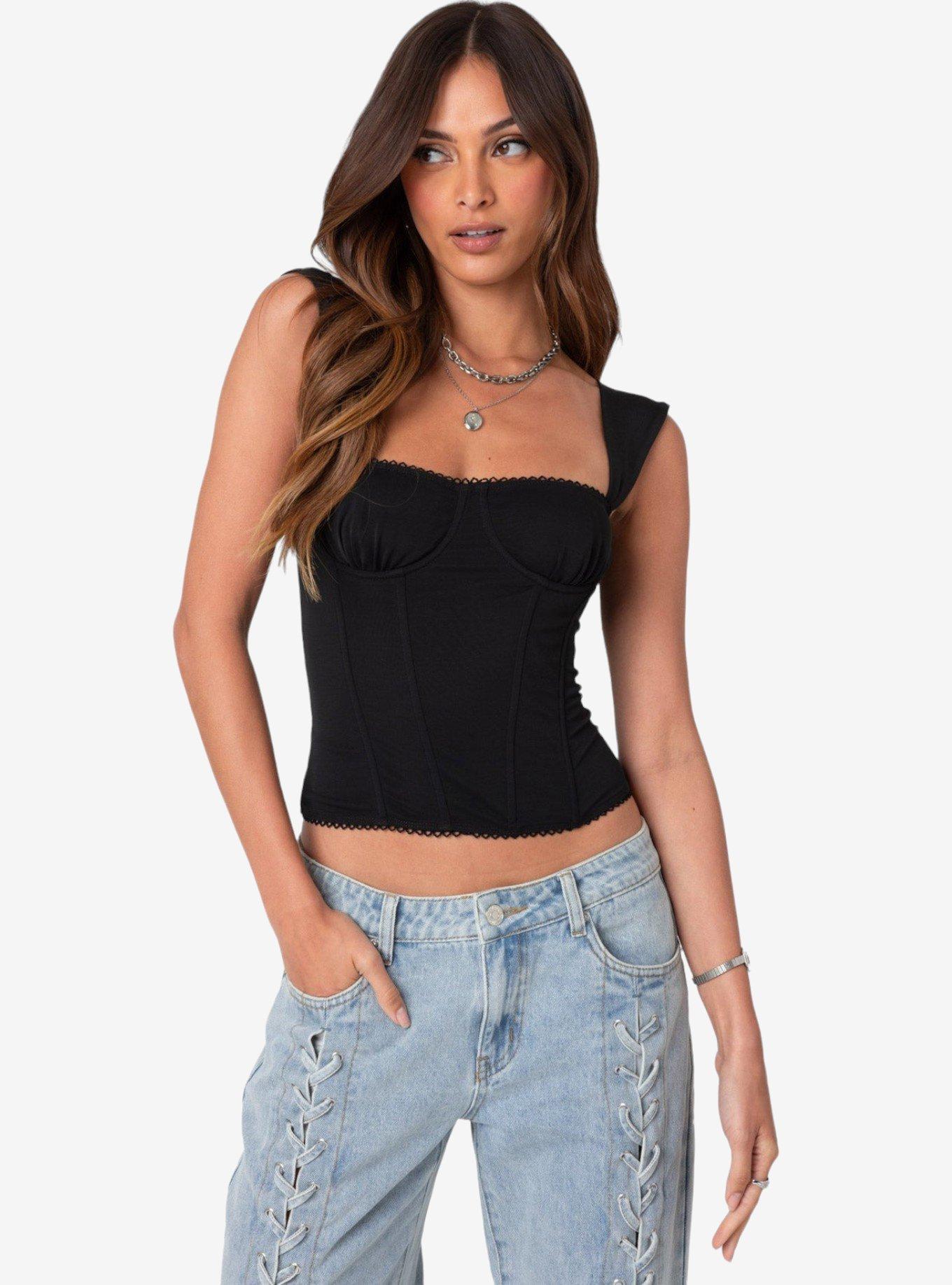 Edikted Marcella Wide Strap Mesh Corset, BLACK, hi-res