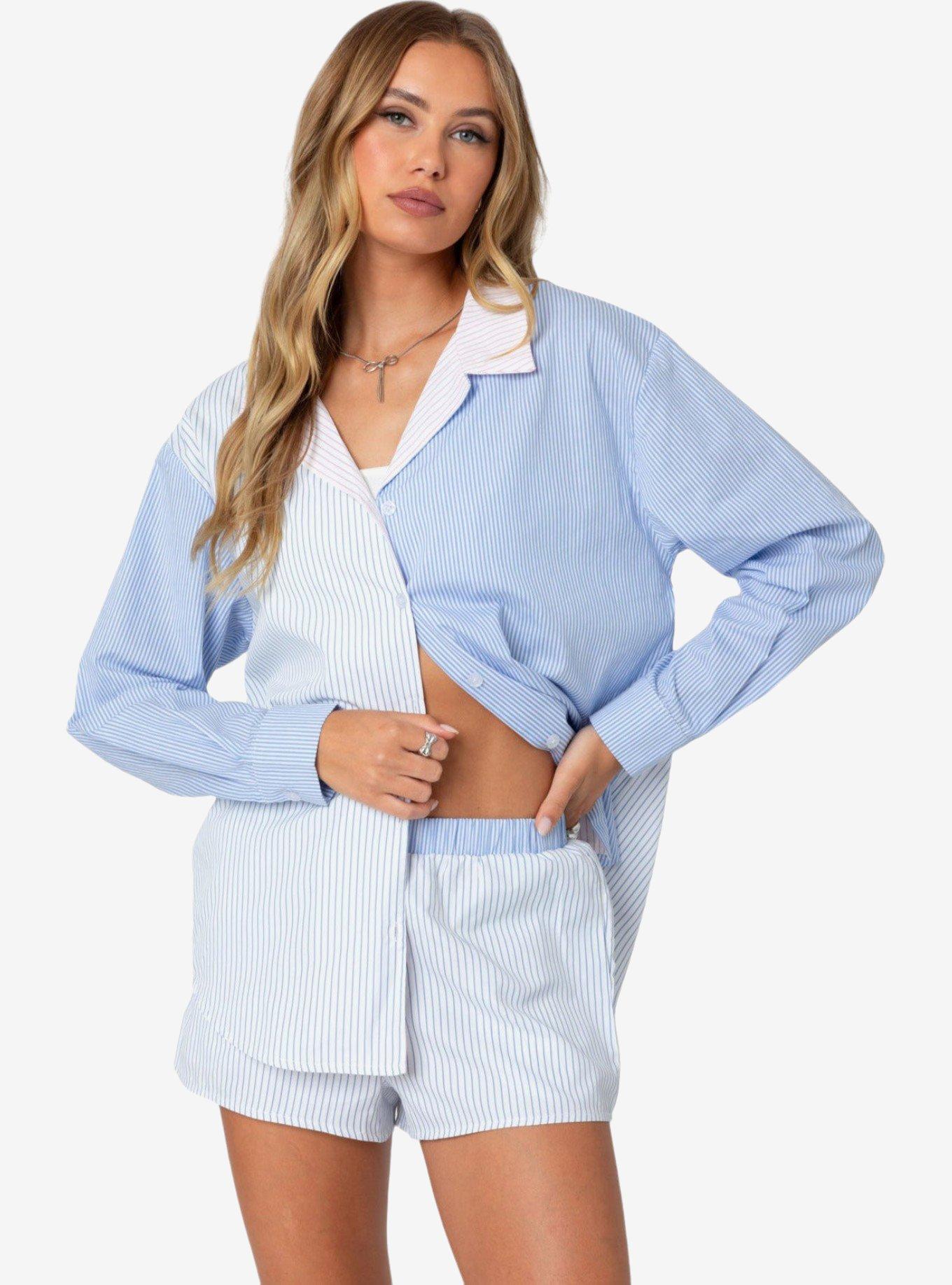 Edikted Oaklie Mix Striped Button Up Shirt, BLUE, hi-res