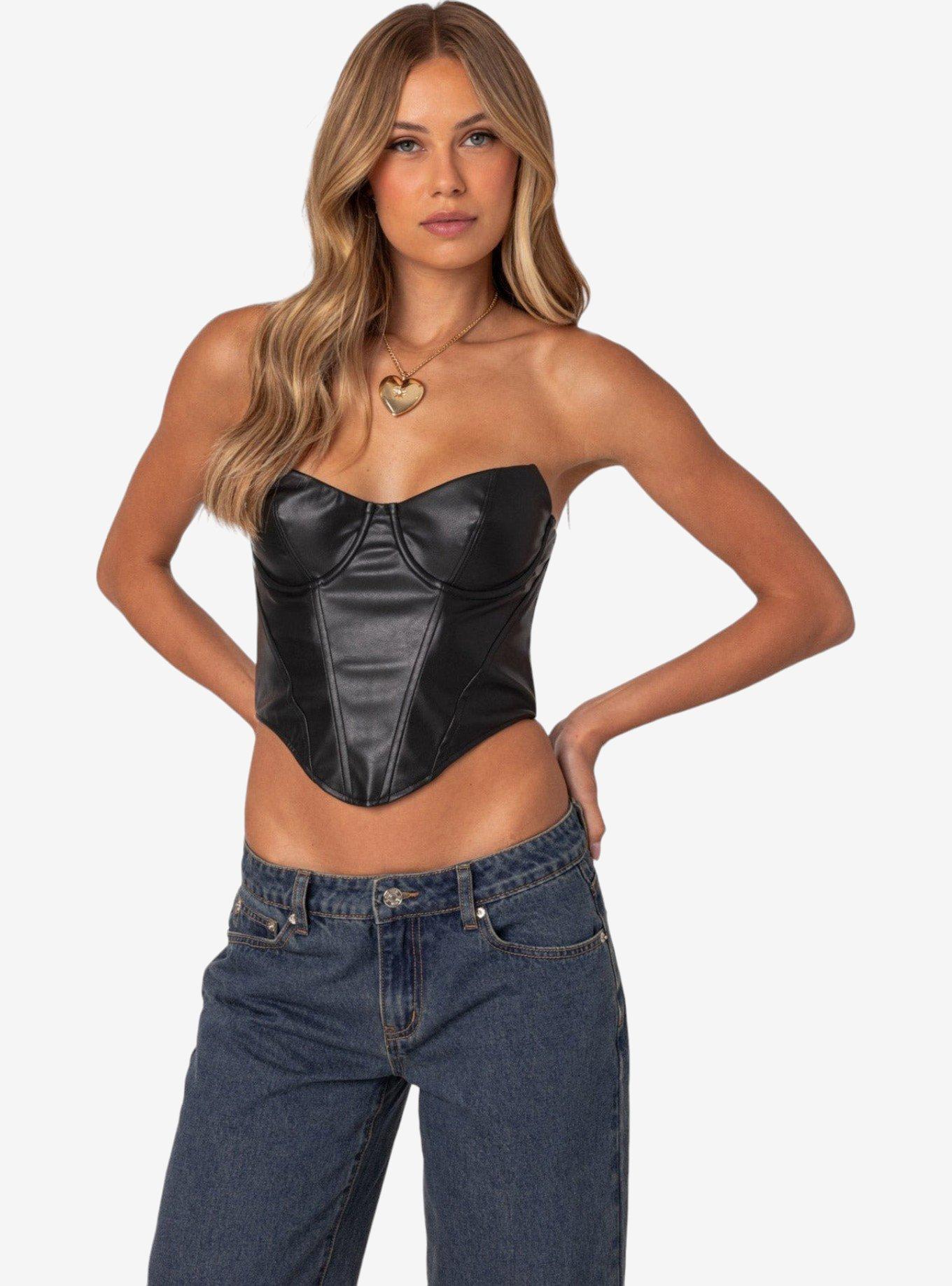 Edikted Aberdeen Faux Leather Cupped Corset, BLACK, hi-res