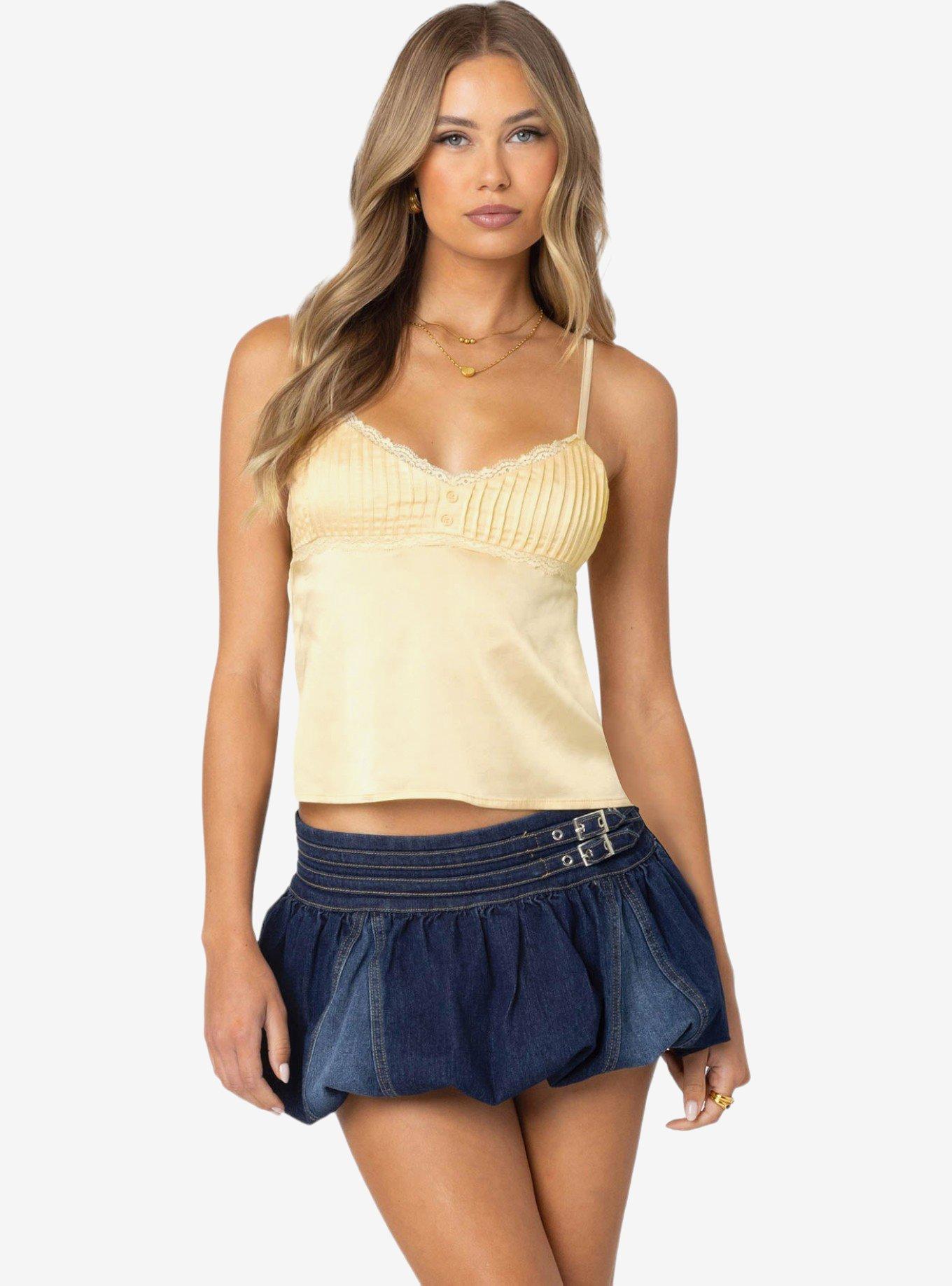 Edikted Blanca Satin Lace Trim Tank Top, BRIGHT YELLOW, hi-res