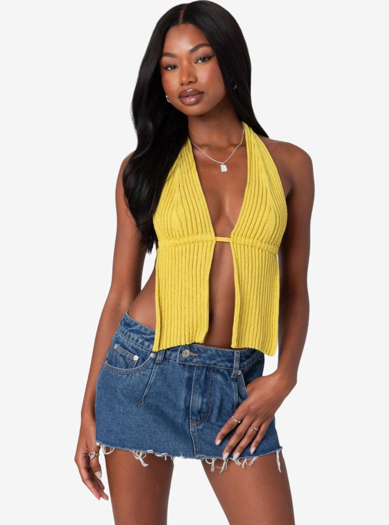 Edikted Caraway Ribbed Knit Split Front Top, GREEN, hi-res