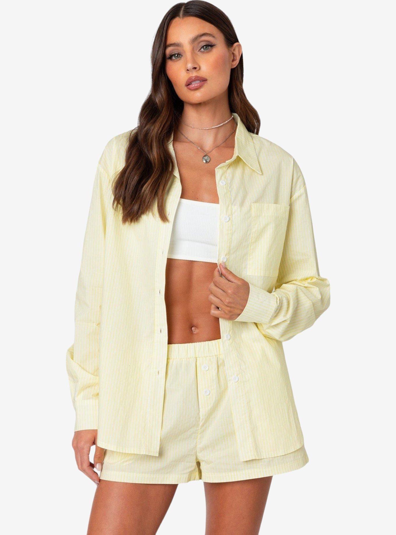 Edikted Oversized Pinstripe Button Up Shirt, BRIGHT YELLOW, hi-res