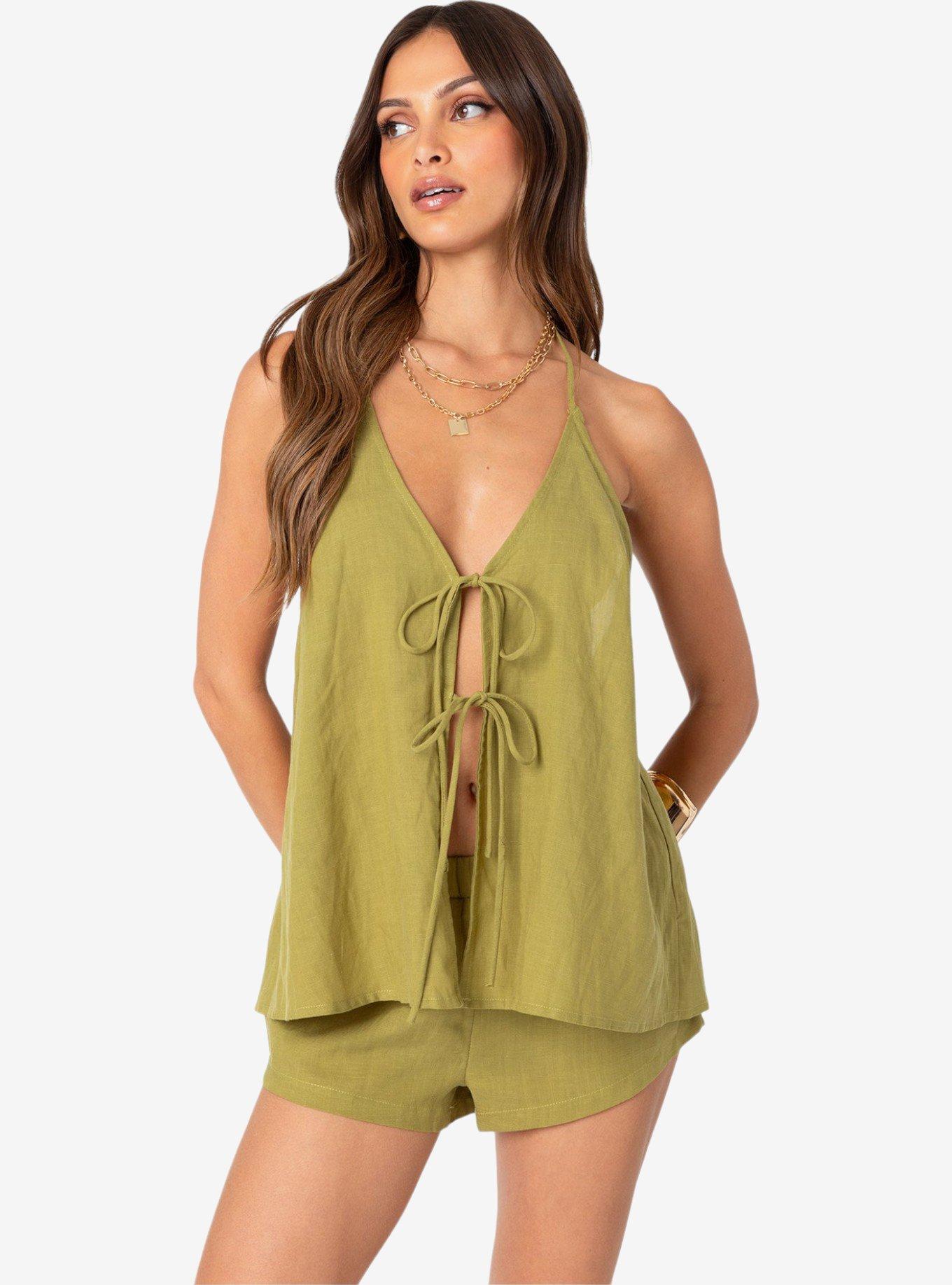Edikted Arden Linen Look Tie Front Top, GREEN, hi-res
