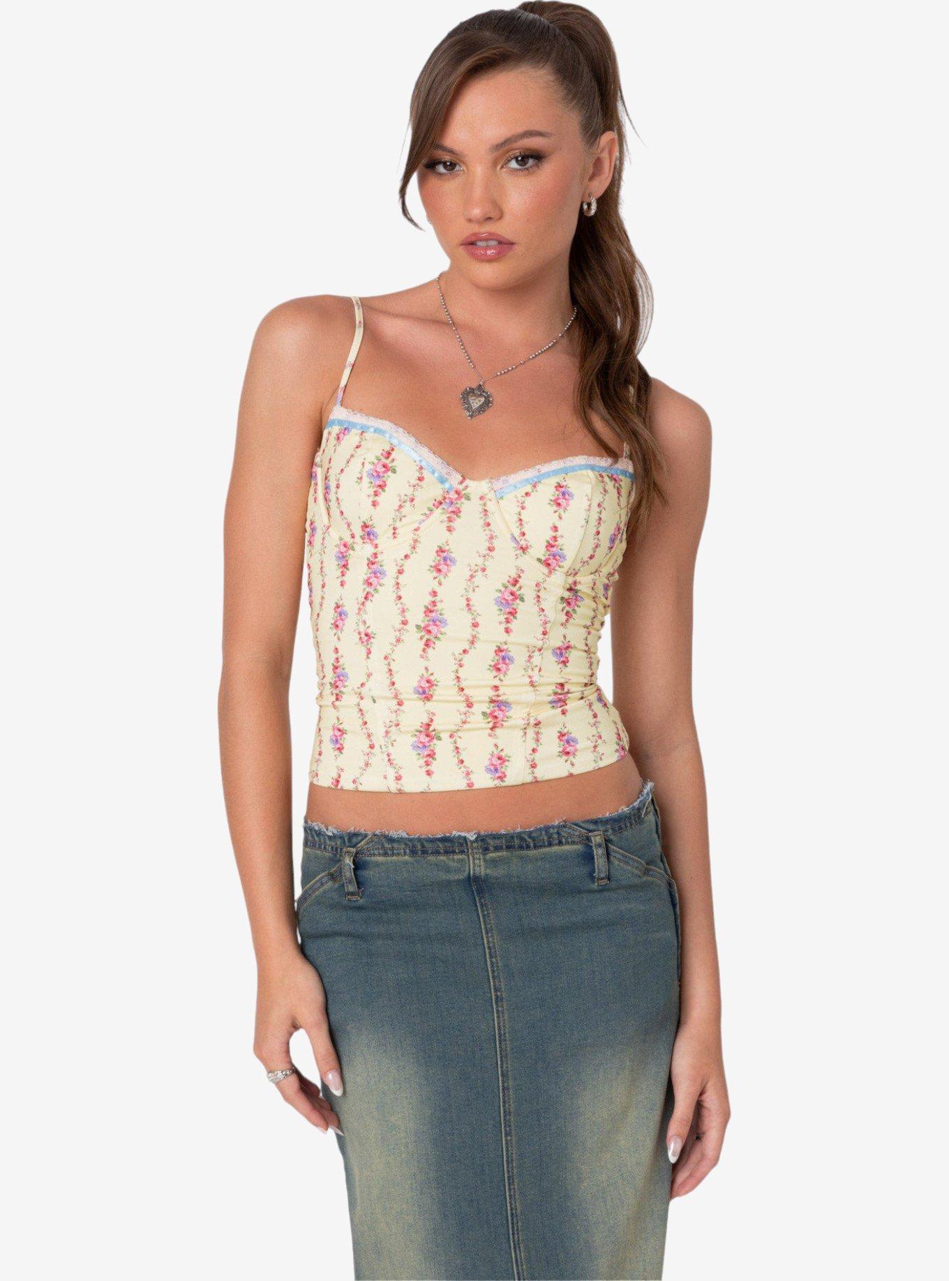 Edikted Indira Printed Cupped Lace Up Corset, BRIGHT YELLOW, hi-res