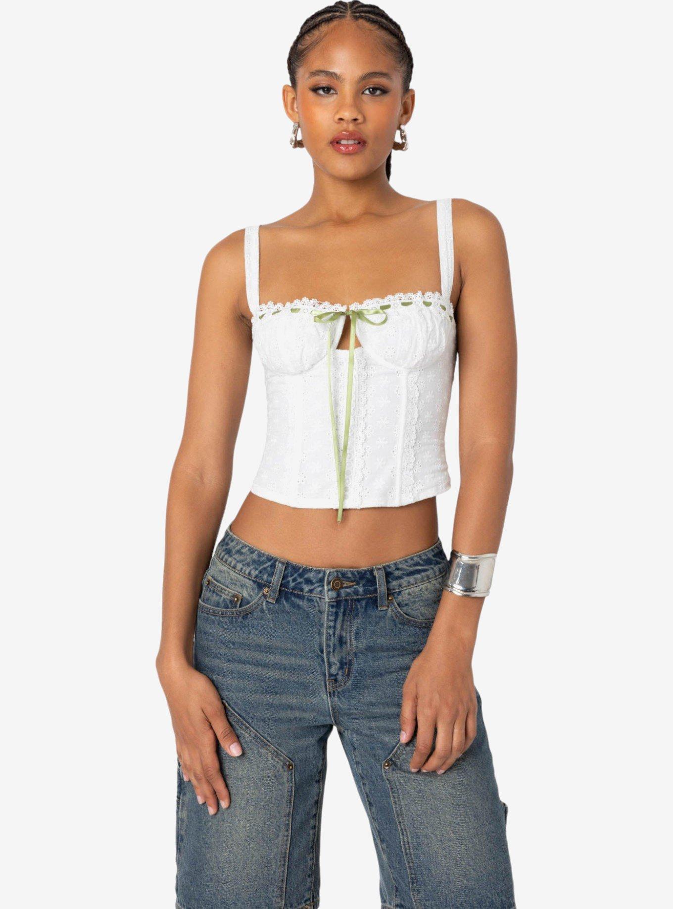 Edikted Garden Girl Ribbon Eyelet Corset, BRIGHT WHITE, hi-res