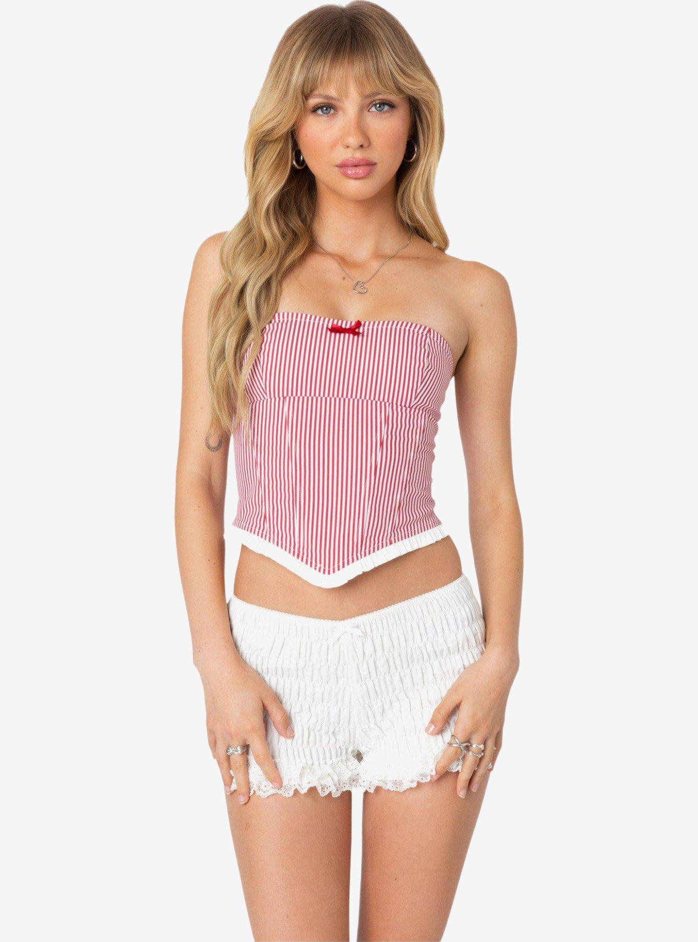 Edikted Hamilton Pinstripe Poplin Corset, RED, hi-res