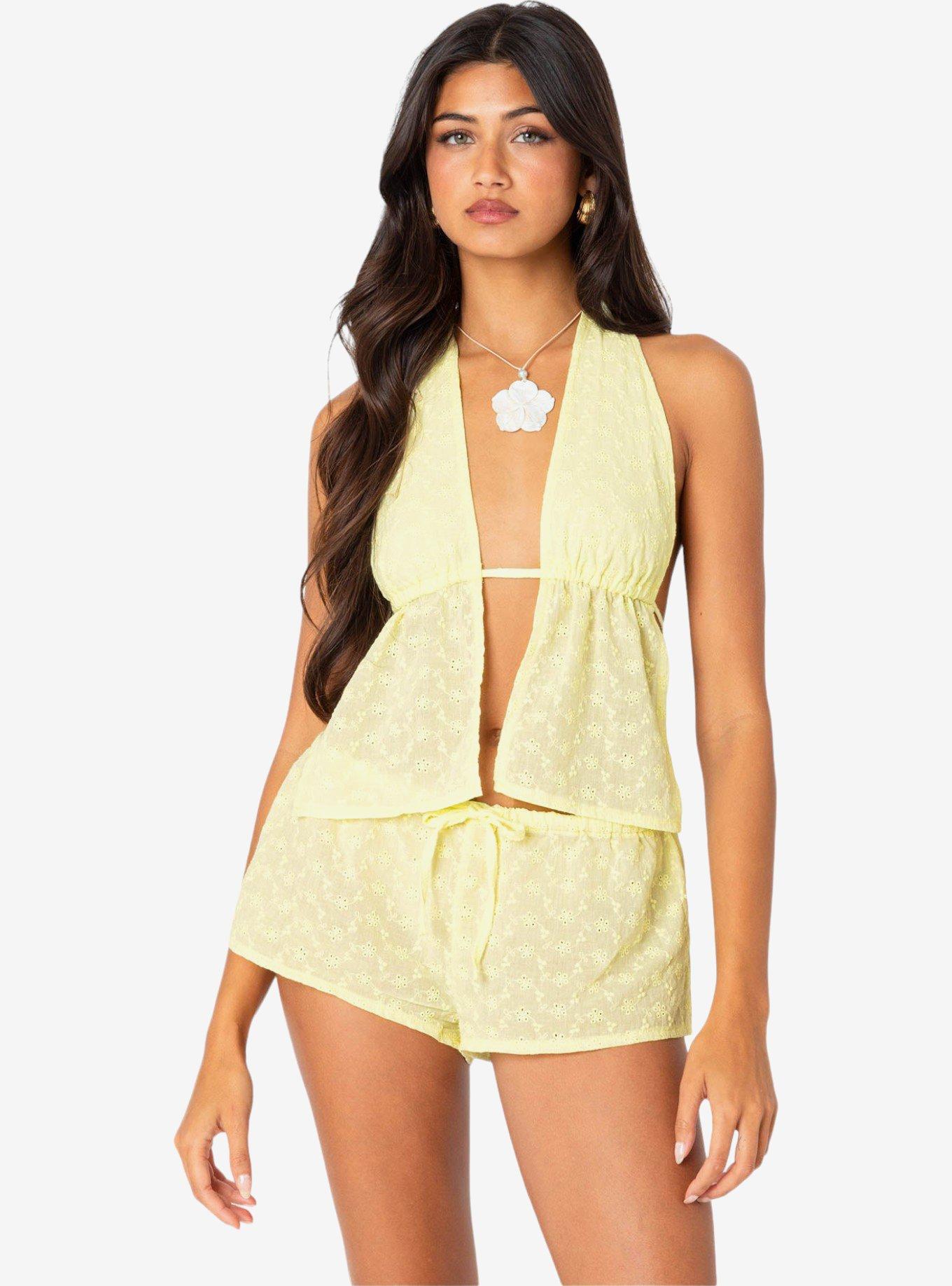 Edikted Cayenne Eyelet Split Front Top, BRIGHT YELLOW, hi-res