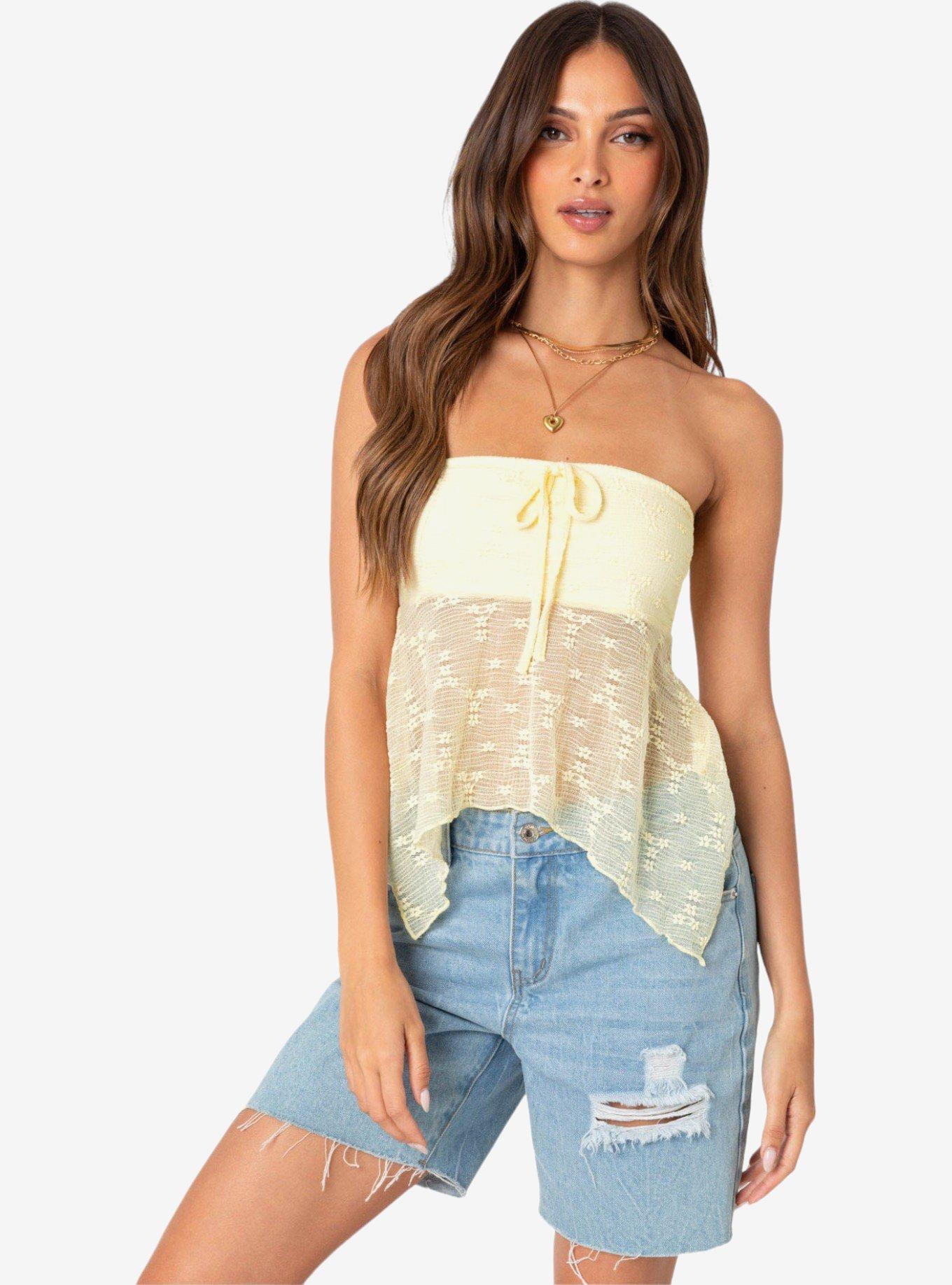 Edikted Embroidered Sheer Strapless Top | Hot Topic