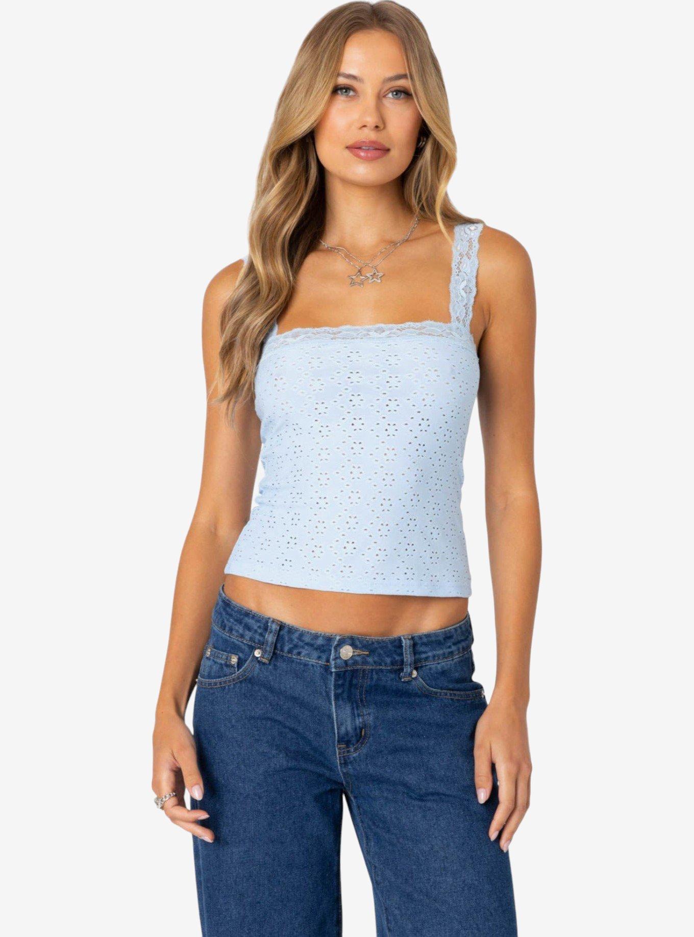 Edikted Virginia Lace Trim Eyelet Tank Top, BLUE, hi-res