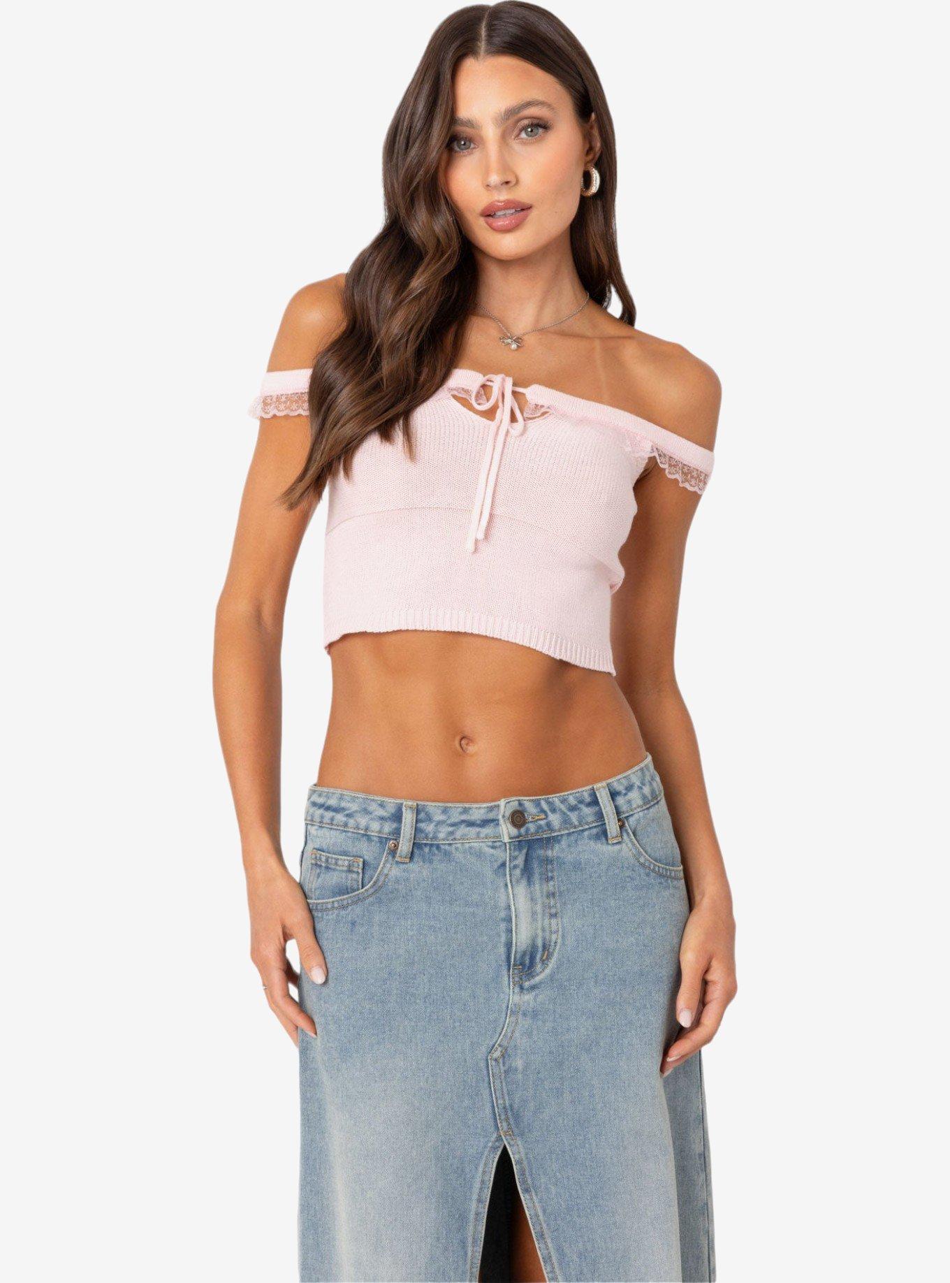 Edikted Off Shoulder Trimmed Knit Top, PINK, hi-res