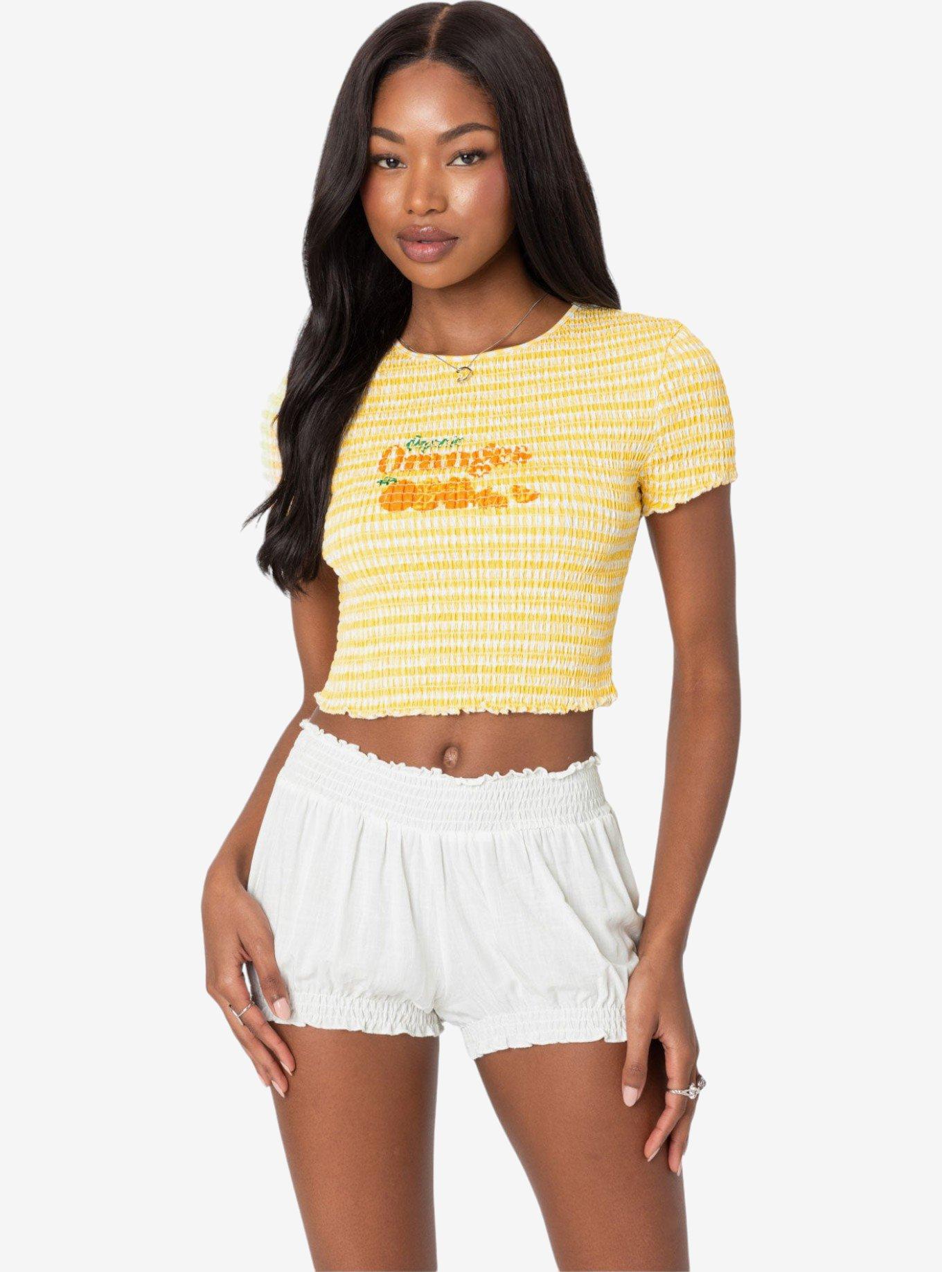 Edikted Orange Smocked Gingham Top, BRIGHT YELLOW, hi-res