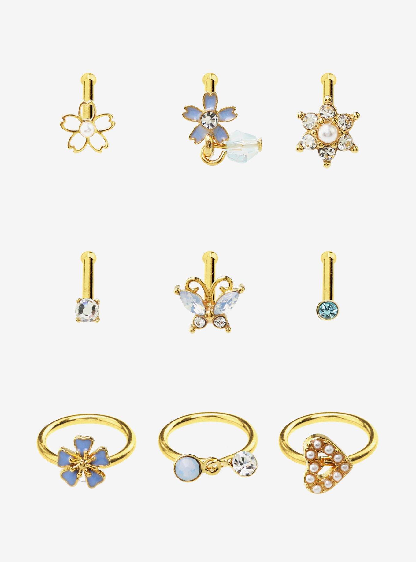 Steel Gold Cherry Blossom & Butterfly Nose Stud & Hoop 9 Pack, , hi-res